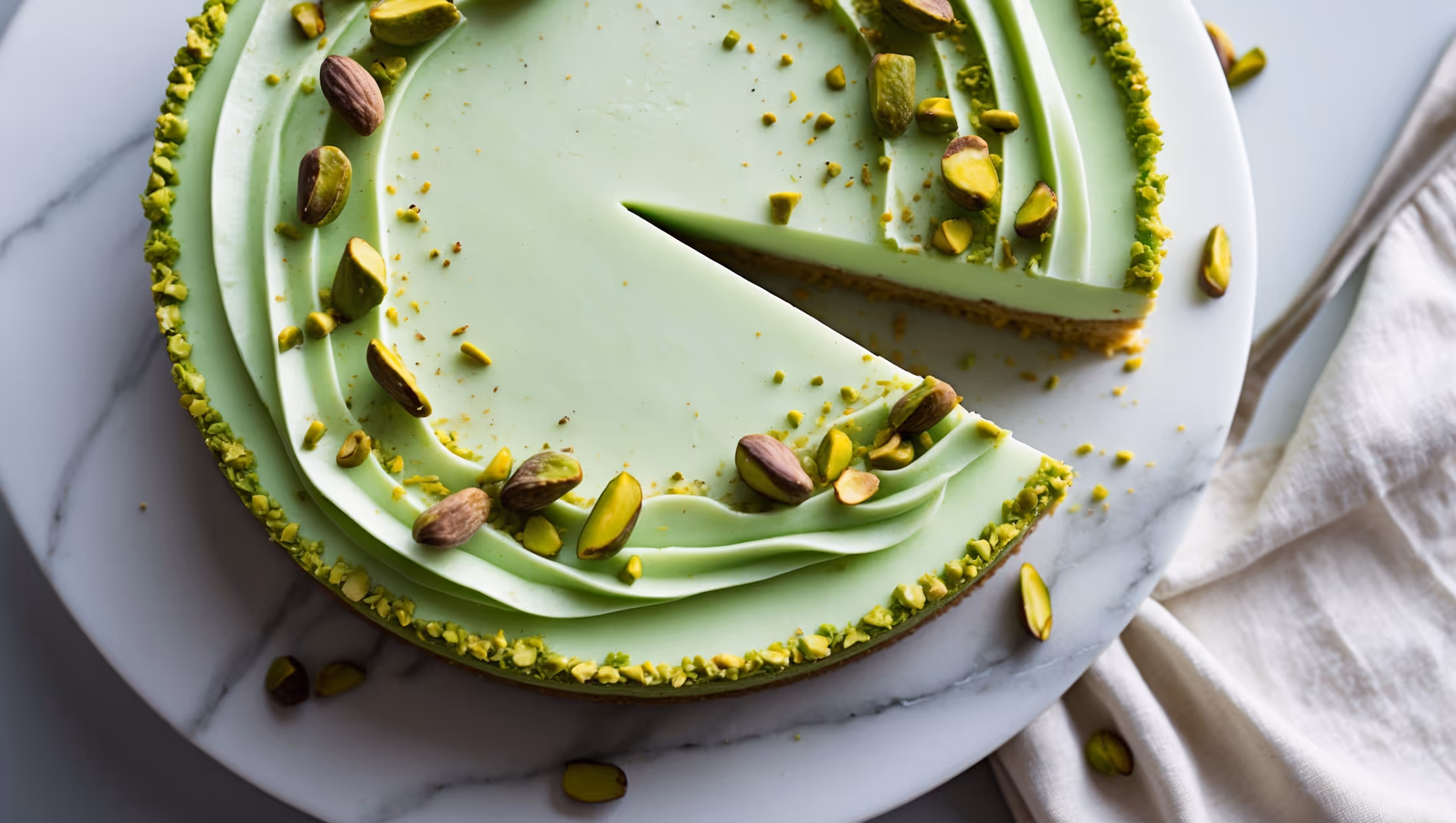 Overhead shot of a pristine pistachio cheesecake on a white marble cake stand, with a slice being removed to reveal the creamy pale green interior. Soft natural light highlights the vivid green pistachio cream decoratively swirled on top, with scattered chopped pistachios creating texture against the smooth surface. The buttery pistachio crust visible at the bottom provides a contrasting golden edge, while a small dessert fork rests beside the cake on a linen napkin, suggesting the indulgent experience awaiting the viewer.