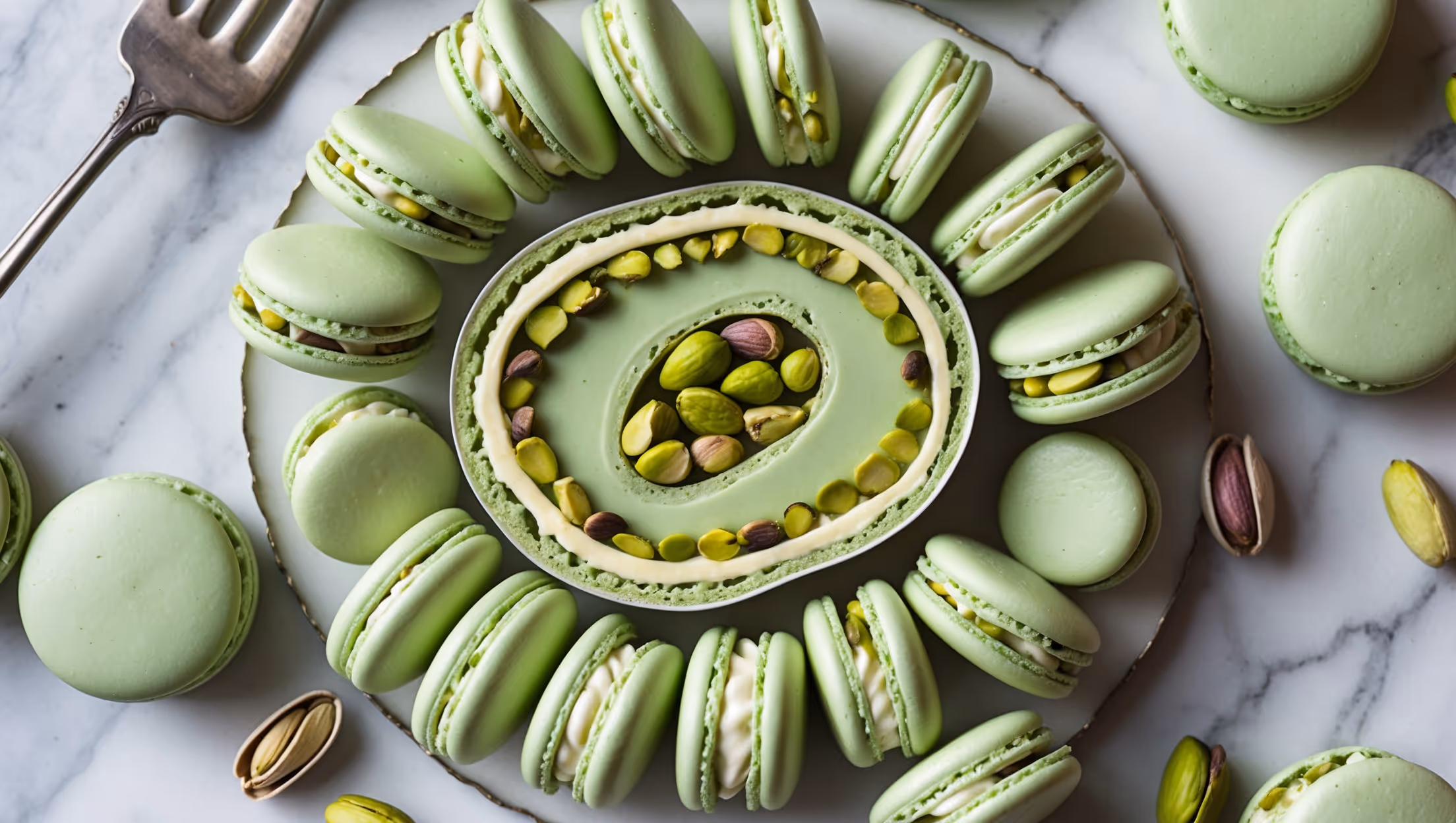 An overhead shot of perfectly formed pistachio macarons arranged in a spiral pattern on a white marble surface, their pale green shells displaying smooth tops and perfect "feet" at the base. A cross-section view reveals the luscious pistachio buttercream filling sandwiched between the delicate shells. Soft natural light streams in from the side, highlighting the subtle sheen of the macaron shells while casting gentle shadows. Several whole pistachios are artfully scattered around the composition, with one macaron deliberately placed on its side to showcase the generous filling. A vintage silver cake fork rests beside the arrangement, adding an element of sophistication to this elegant French patisserie classic.