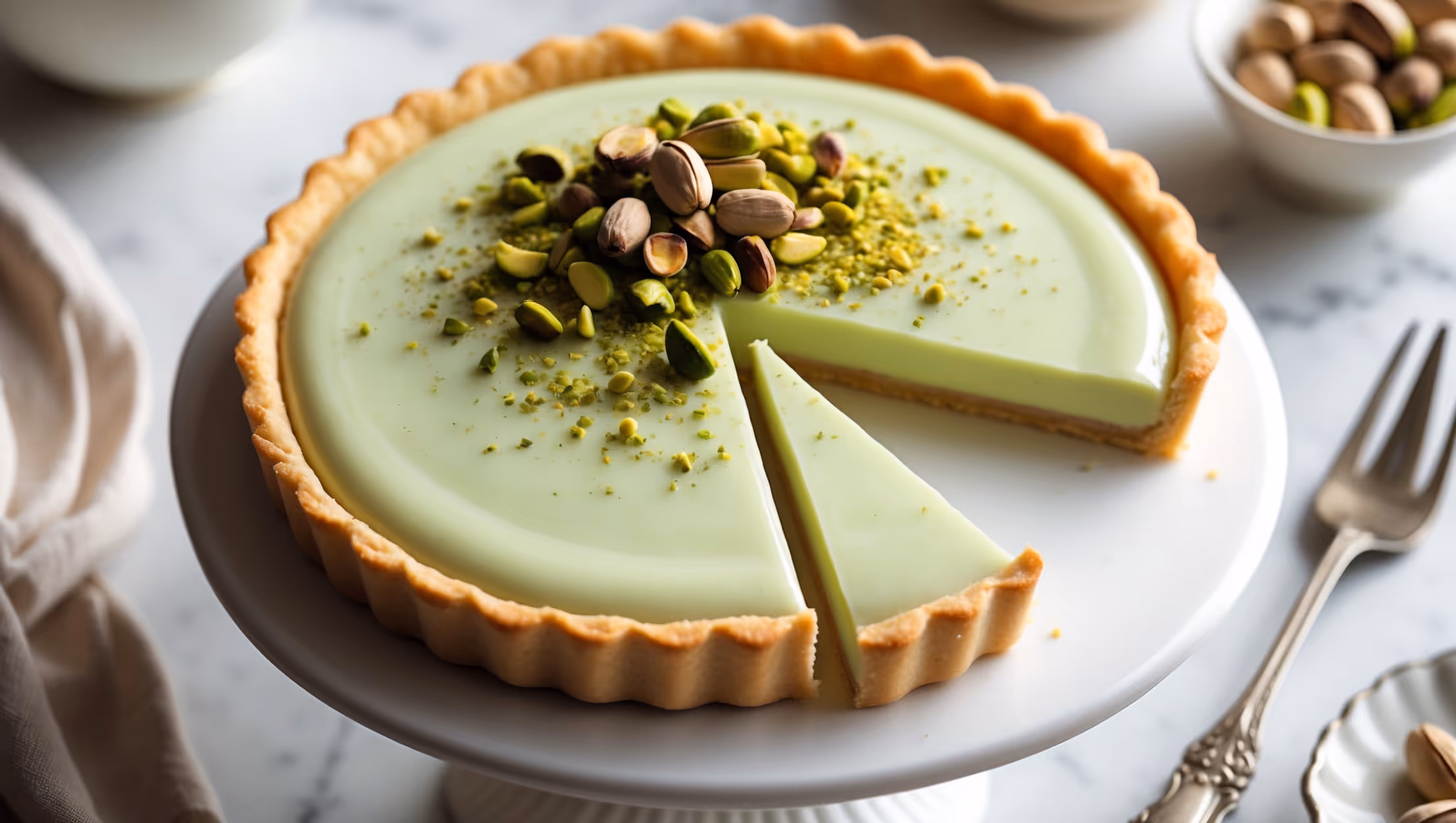 An overhead shot of the Pistachio Custard Tart showcases its perfect golden-brown pastry shell with a vibrant pale green custard filling that's smooth and glossy. Soft natural light streams in from the side, highlighting the sprinkle of chopped pistachios that adorn the top, creating a beautiful contrast against the creamy surface. The tart sits on a white ceramic pedestal, with a slice removed to reveal the perfect clean cut and silky texture of the filling. In the background, a small bowl of raw pistachios and a vintage silver dessert fork add context and scale. The scene evokes an elegant afternoon tea setting with the distinctive pistachio aroma almost palpable through the image.