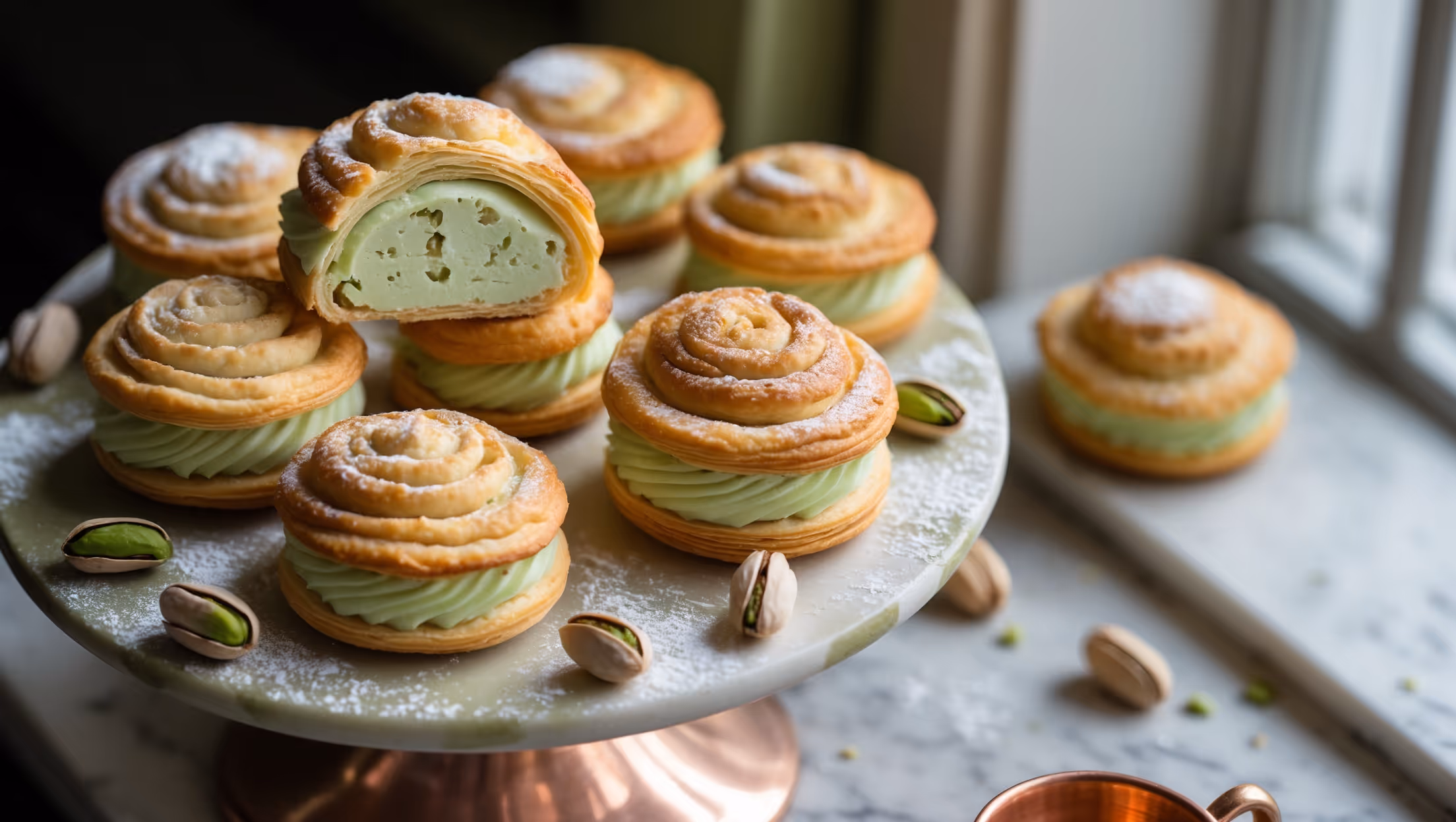 An overhead shot of perfectly golden pistachio cream pastries arranged on a vintage marble cake stand, with one pastry placed on its side to reveal the vibrant pale green pistachio filling. Soft natural light streams through a nearby window, highlighting the delicate layers of the flaky pastry and the tiny specks of real pistachio throughout the cream. Several whole pistachios are artfully scattered around the base of the stand, and a light dusting of powdered sugar creates a beautiful contrast against the warm golden tones of the baked pastry. A small copper espresso cup sits beside the arrangement, suggesting the perfect pairing for these sophisticated treats.