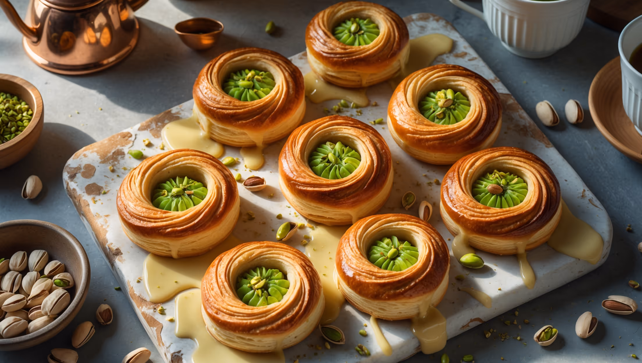 Overhead shot of golden-brown Danish pastries arranged on a weathered marble pastry board, their centers revealing vibrant green pistachio filling that contrasts beautifully with the flaky, laminated dough. Soft morning light streams across the scene, highlighting the glossy almond glaze that drips elegantly down the sides and catches on the generous scattering of crushed pistachios. In the background, a vintage copper kettle and white ceramic cups suggest these pastries are perfect for morning coffee service, while scattered whole pistachios and a small bowl of remaining glaze add visual interest and texture to the composition.