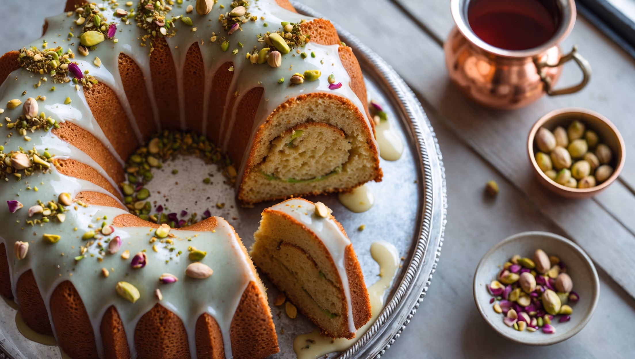 An overhead shot of a perfectly formed bundt cake on an antique silver cake stand, its deeply golden crust revealing swirls of pale green pistachio throughout. A cross-section displays the cake's moist, tender crumb flecked with ground pistachios. Natural window light highlights the glossy rosewater glaze as it drips elegantly down the cake's ridges, pooling slightly on the stand. Crushed pistachios and dried rose petals are scattered artfully across the top, creating a vibrant contrast against the pale glaze. In the background, a copper pot of tea and a small bowl of whole green pistachios complement the cake's Middle Eastern character.