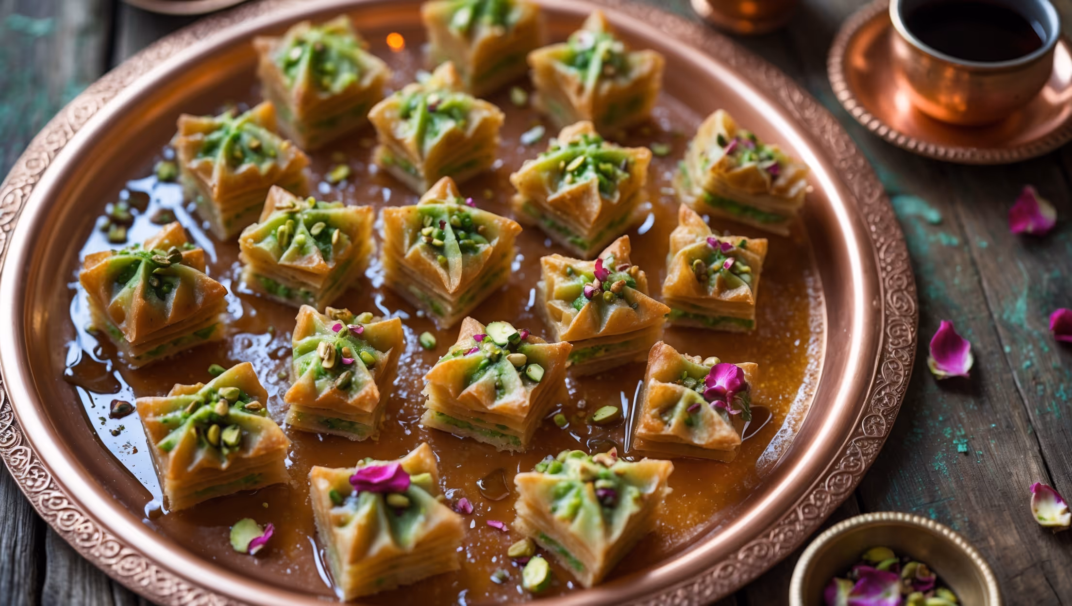 An overhead shot of diamond-shaped pistachio kadaifi pieces arranged on an ornate copper serving platter, with soft natural light highlighting the golden, crispy kadaifi strands. A close-up reveals the vibrant green pistachio filling peeking through the caramelized pastry layers. The glistening honey syrup creates an amber sheen across the surface, while scattered crushed pistachios and rose petals add pops of color. A small copper bowl of extra syrup sits alongside, with a traditional Turkish coffee cup in the background, all set against a weathered wooden table that enhances the dessert's Middle Eastern heritage.