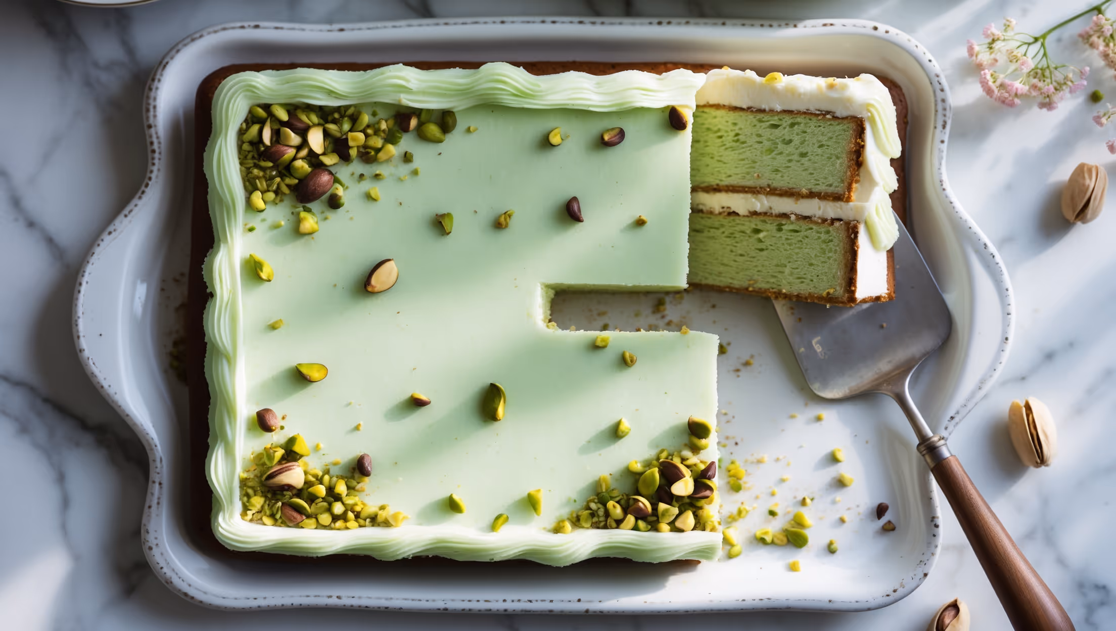 An overhead shot of a perfectly baked pistachio sheet cake on a white ceramic serving platter, displaying its light green-tinted sponge beneath a smooth layer of cream cheese frosting. A cross-section corner piece reveals the cake's tender, moist crumb while scattered chopped pistachios create an appealing texture contrast against the creamy white frosting. Soft natural light streams across the scene, highlighting the pale green cake peeking through at the edges and the vibrant emerald pistachio pieces. A vintage cake server rests alongside, ready to slice into this rectangular dessert that's photographed on a marble countertop with a few whole pistachios and delicate flowers softly blurred in the background.