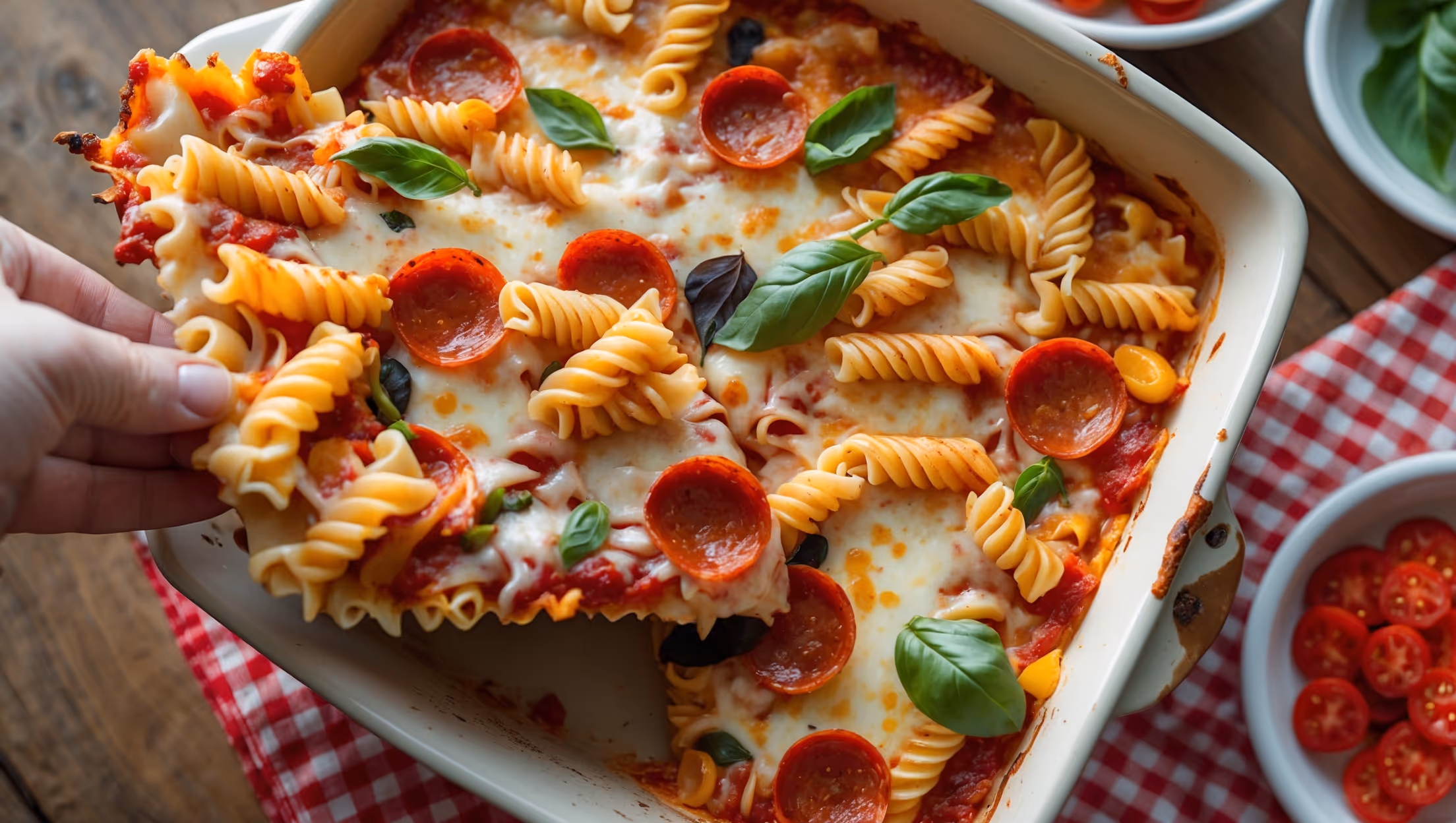 An overhead shot captures a bubbling Pizza Casserole fresh from the oven, with golden cheese stretching upward as a portion is lifted from the ceramic baking dish. The natural light highlights the caramelized edges where cheese has crisped perfectly against the dish. A cross-section reveals layers of spiral pasta intertwined with bright tomato sauce, pepperoni, and colorful vegetables. Scattered fresh basil leaves add vibrant green contrast against the red sauce and melted mozzarella. The casserole sits on a rustic wooden table with red-and-white checkered napkins, surrounded by small bowls of extra pizza toppings, creating an inviting family-style presentation.