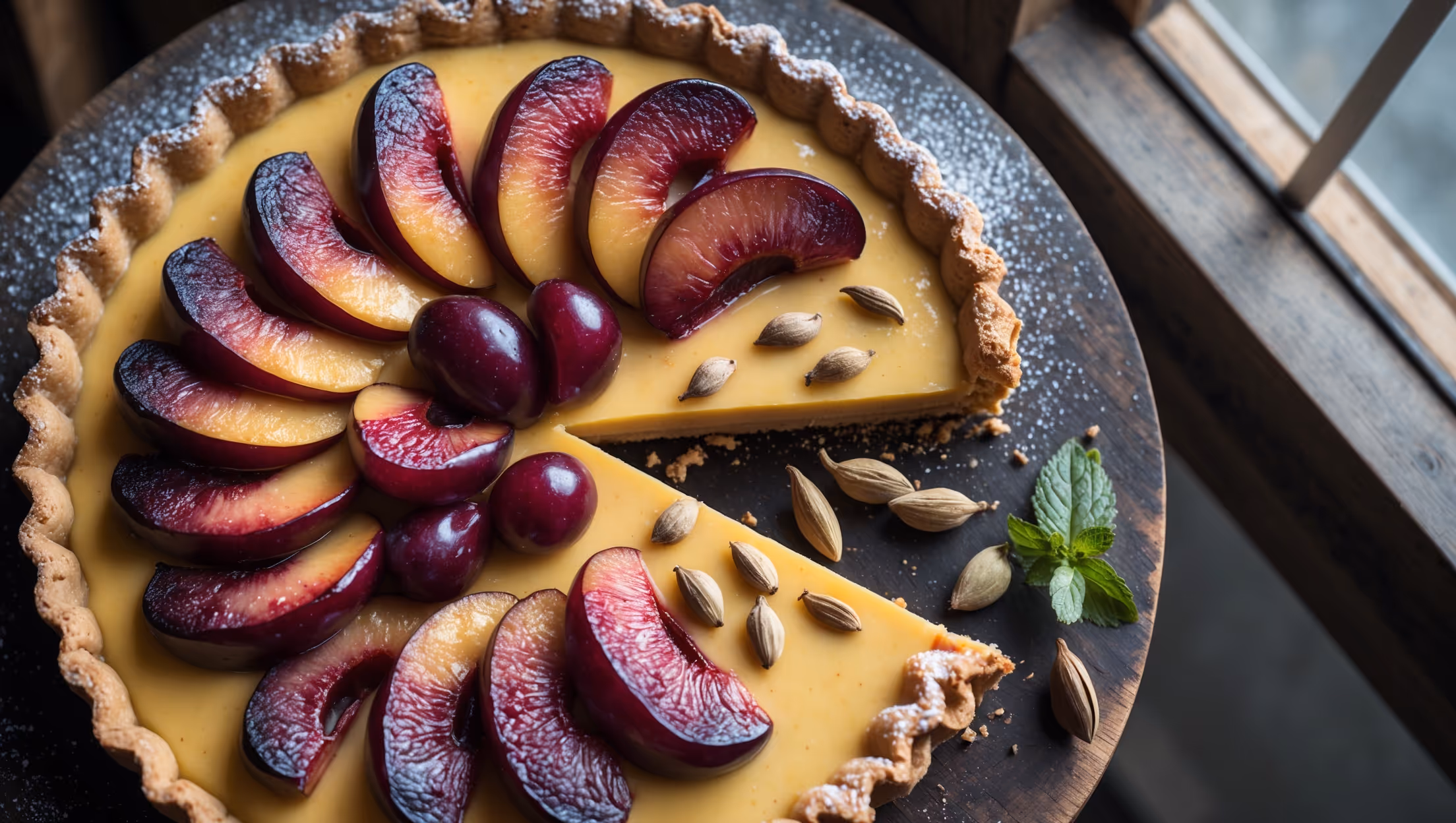 An overhead shot of the Plum Cardamom Custard Tart on a weathered wooden cake stand, with natural window light highlighting the glossy, ruby-red plum slices arranged in a beautiful spiral pattern atop the golden custard. The cross-section view reveals the distinct layers: the crisp, sandy shortcrust pastry, the creamy cardamom-speckled custard filling, and the perfectly tender plums with their caramelized edges. A light dusting of powdered sugar creates a subtle contrast against the deep plum colors, while a sprig of fresh mint and a few whole cardamom pods are artfully scattered nearby, hinting at the aromatic flavors within.
