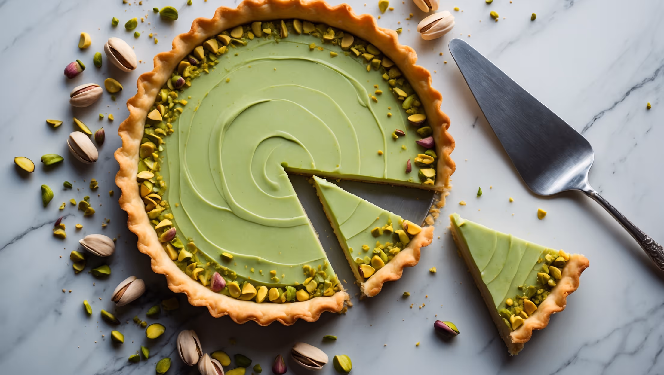 An overhead shot of a perfectly baked pistachio tart with a golden-brown crust and vibrant green filling, photographed in soft natural light on a marble surface. A cross-section reveals the contrast between the crisp pastry and the tender frangipane interior. Whole and chopped pistachios are scattered artistically around the tart and on its surface, their rich green color intensified against the warm golden tones of the pastry. A silver cake server rests nearby, with one perfect slice partially separated, revealing the moist, dense texture of the filling.