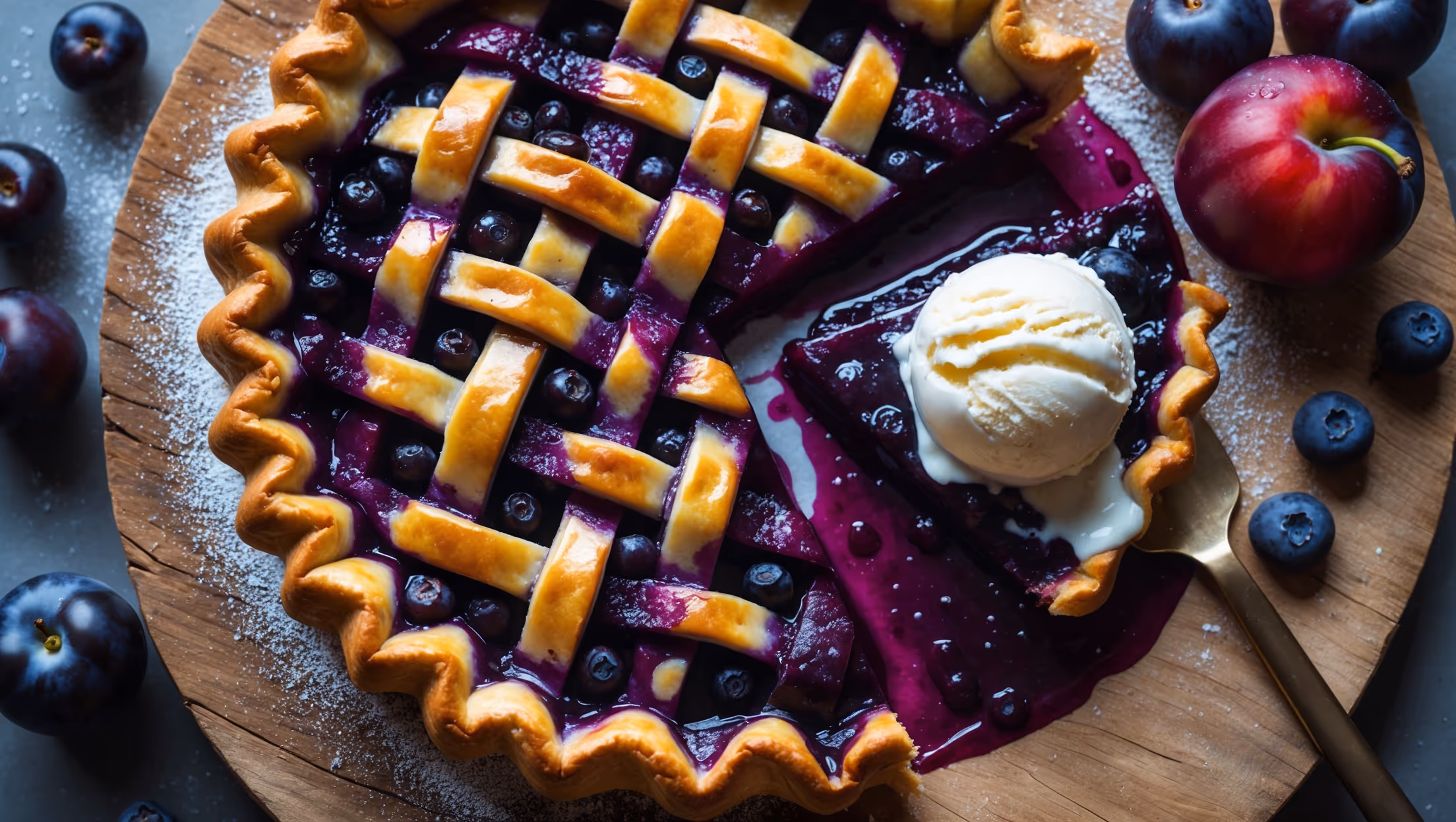 Overhead shot of a golden-brown lattice-topped pie with vibrant purple-red filling bubbling through the gaps. A slice has been removed, revealing the jewel-toned filling where deep purple blueberries and ruby-red plum slices create a striking marbled effect. The pie rests on a rustic wooden board, dusted with a light coating of powdered sugar, with a few fresh plums and scattered blueberries artfully arranged alongside. Soft natural light highlights the glossy, caramelized fruit juices that have bubbled onto the fluted crust edge, while a scoop of melting vanilla ice cream slowly cascades down the exposed slice.