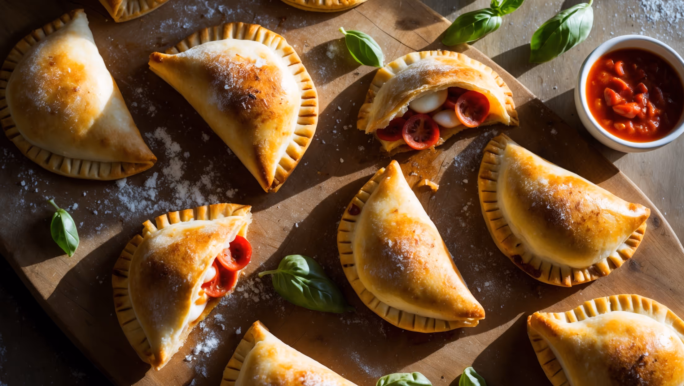 An overhead shot of golden-brown, half-moon shaped pizza hand pies arranged on a rustic wooden board, with one pie broken open to reveal the molten mozzarella and pepperoni filling. Soft natural light highlights the flaky pastry layers and creates shadows that emphasize the hand-crimped edges. A light dusting of flour, scattered fresh basil leaves, and a small bowl of vibrant marinara dipping sauce complete the composition. Steam visibly rises from the freshly baked pies, while tiny droplets of olive oil glisten on their burnished surfaces, showcasing the perfect balance of crisp exterior and succulent filling.