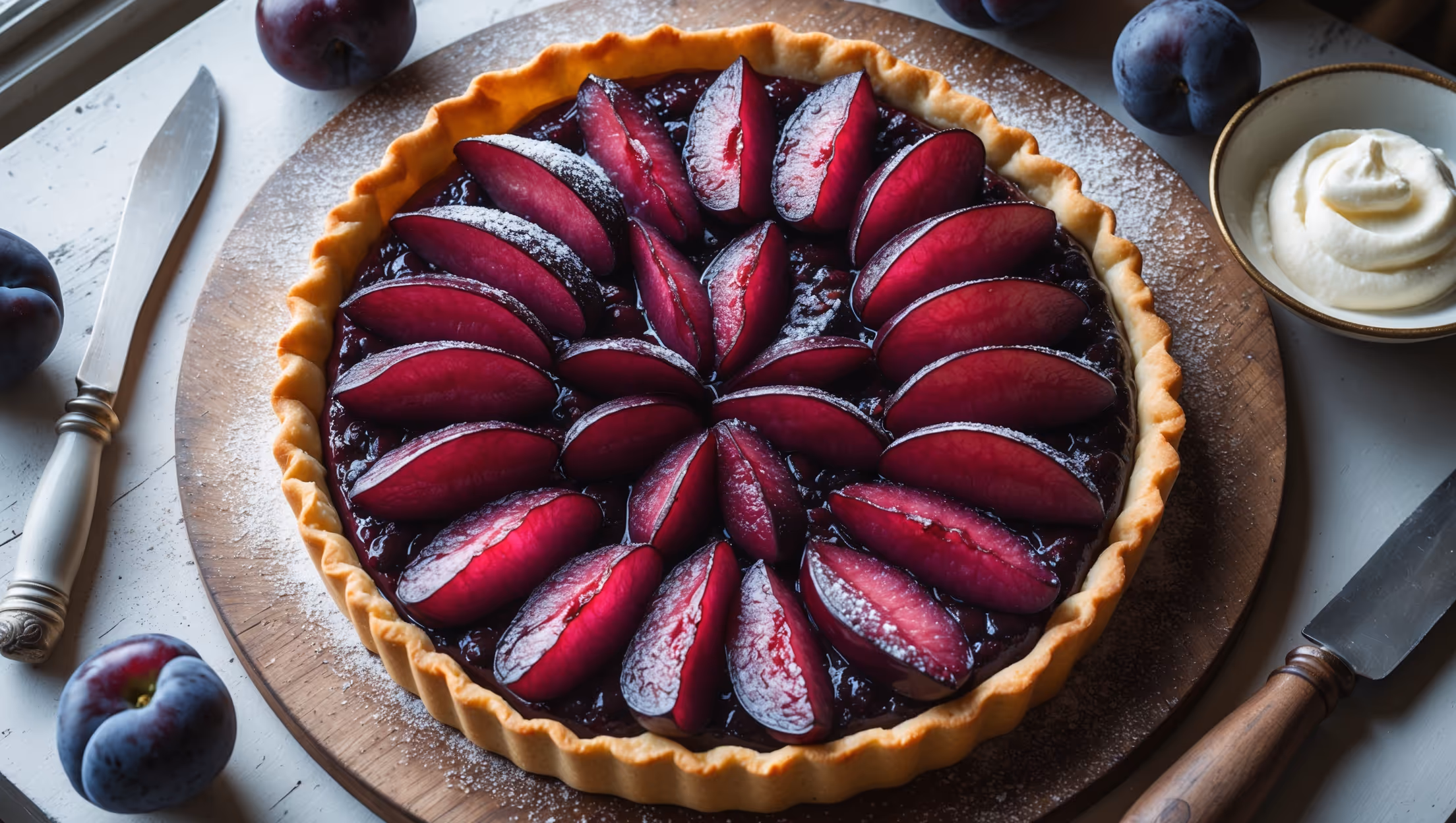 An overhead shot of the circular plum tart displays a stunning geometric arrangement of deep burgundy plum slices fanning out from the center, their edges caramelized to a glossy ruby finish. Golden-brown shortcrust pastry edges frame the fruit perfectly, with visible flaky layers. The tart is photographed on a weathered wooden serving board in soft natural light streaming through a kitchen window, with a light dusting of powdered sugar creating delicate contrast against the fruit's rich colors. A small bowl of crème fraîche sits nearby alongside a vintage serving knife and a few fresh plums, their dusty blue bloom intact, scattered artfully around the composition.