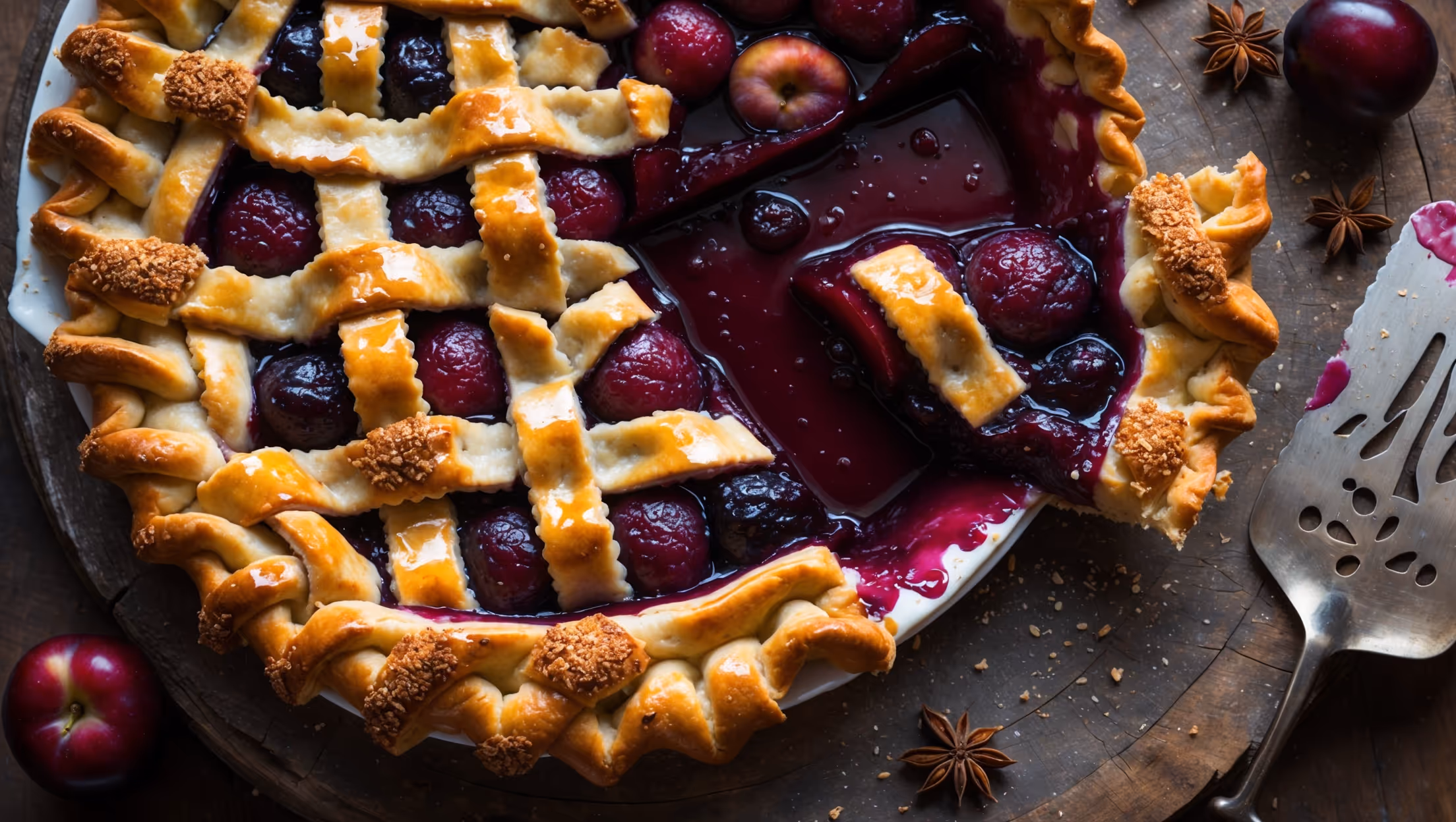 An overhead shot of a rustic plum pie with a lattice top crust, its golden-brown pastry glistening with turbinado sugar crystals. Through the lattice gaps, deep burgundy plum filling bubbles up enticingly, with some of the syrupy juices delicately overflowing onto the fluted crust edge. A slice has been removed, revealing the perfect balance of jammy fruit and tender pastry layers. The pie sits on a weathered wooden board, scattered with a few fresh plum slices and star anise pods, while a vintage pie server rests nearby. Soft natural light highlights the textural contrasts between the crisp pastry and the glossy, jewel-toned filling, creating an inviting warmth that emphasizes the homemade charm.