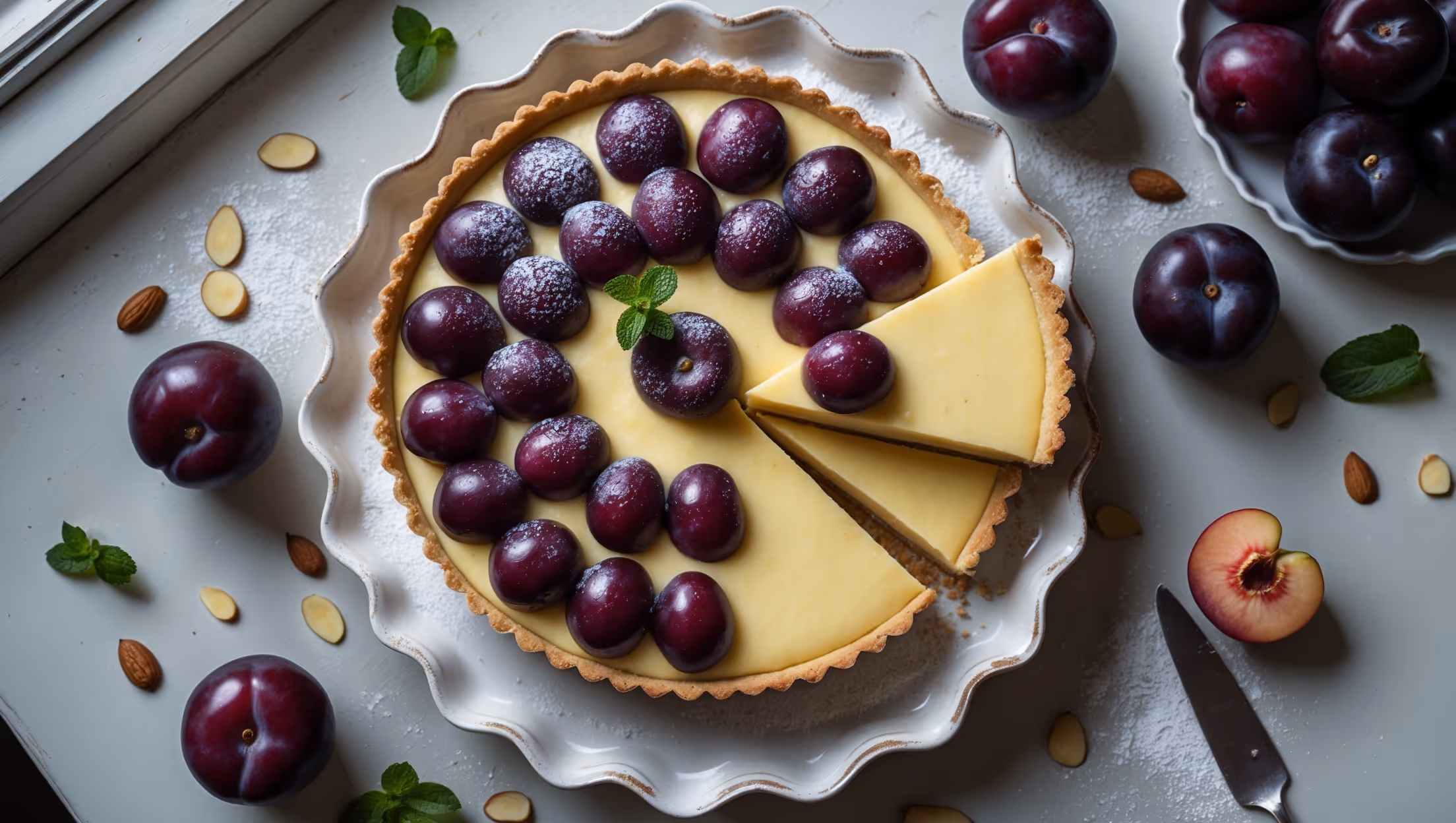 An overhead shot captures this elegant Plum Custard Tart resting on a vintage white ceramic cake stand. Natural window light highlights the glossy plums arranged in concentric circles, their deep purple-red color contrasting beautifully against the pale golden custard. A cross-section view reveals the crisp shortcrust base, the velvety custard layer, and the tender baked plums on top. The tart is dusted with a light shower of powdered sugar and garnished with a sprig of fresh mint for contrast. Several whole plums and scattered flaked almonds create a rustic scene around the tart, while a slice has been removed to showcase the perfect layers and the smooth, just-set consistency of the custard.