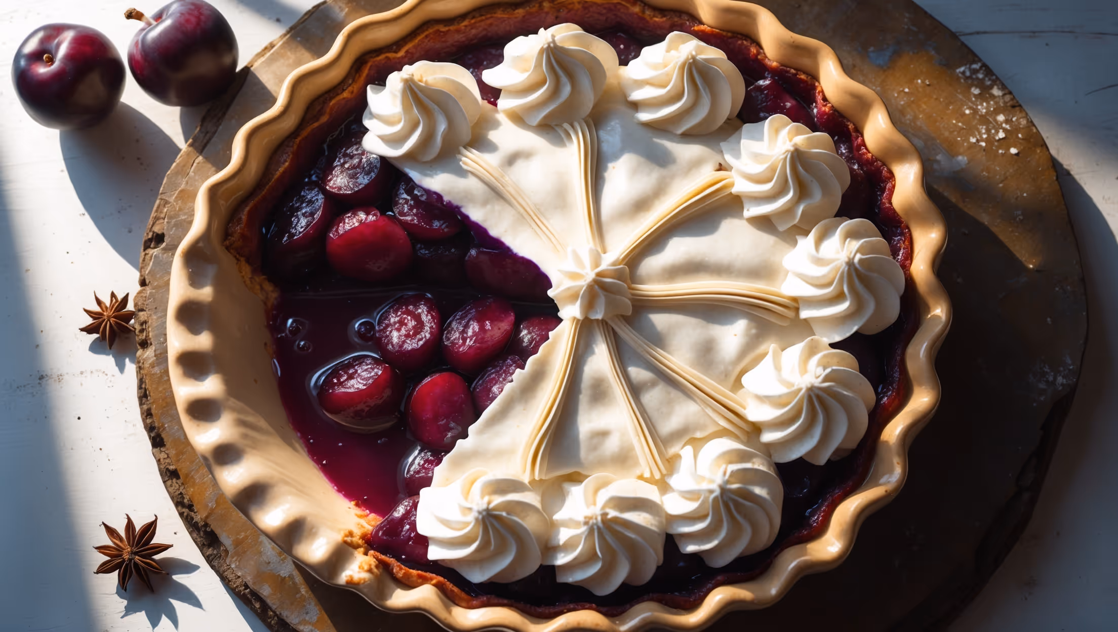 An overhead shot of a rustic ceramic pie dish containing a golden-brown lattice crust filled with deep purple-red plum filling that's bubbling slightly at the edges. A slice has been removed, revealing the juicy plum layer beneath a cloud of vanilla cream that's piped in decorative swirls along the edge. The pie sits on a weathered wooden serving board, with a few fresh plums and scattered star anise nearby. Soft natural light streams in from the side, highlighting the glossy fruit filling and creating a warm, inviting glow that emphasizes the contrast between the crimson plums and cream topping.