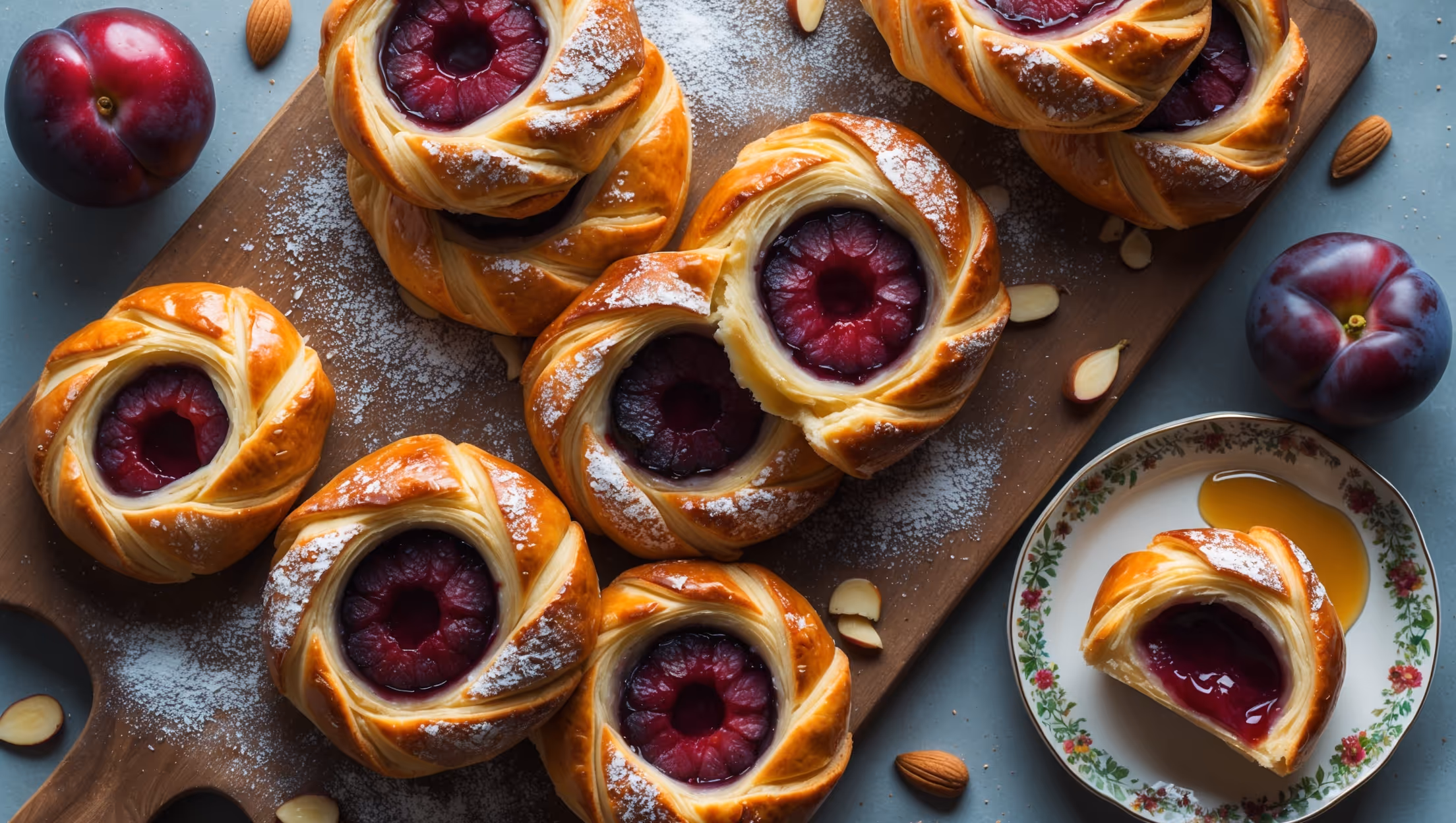 An overhead shot captures a rustic wooden board displaying perfectly golden-brown Plum Danish pastries, their flaky layers visible and glistening under soft morning light. A cross-section reveals the contrast between the buttery laminated dough and the vibrant ruby-red plum slices nestled in creamy almond frangipane. The pastries are dusted with powdered sugar that catches the light, while a few fresh plum wedges and scattered almonds frame the scene. A vintage ceramic plate holds a single Danish with a bite taken out, showing the tender interior and jammy fruit center. A drizzle of honey adds a glossy finish that highlights the caramelized edges of the fruit.