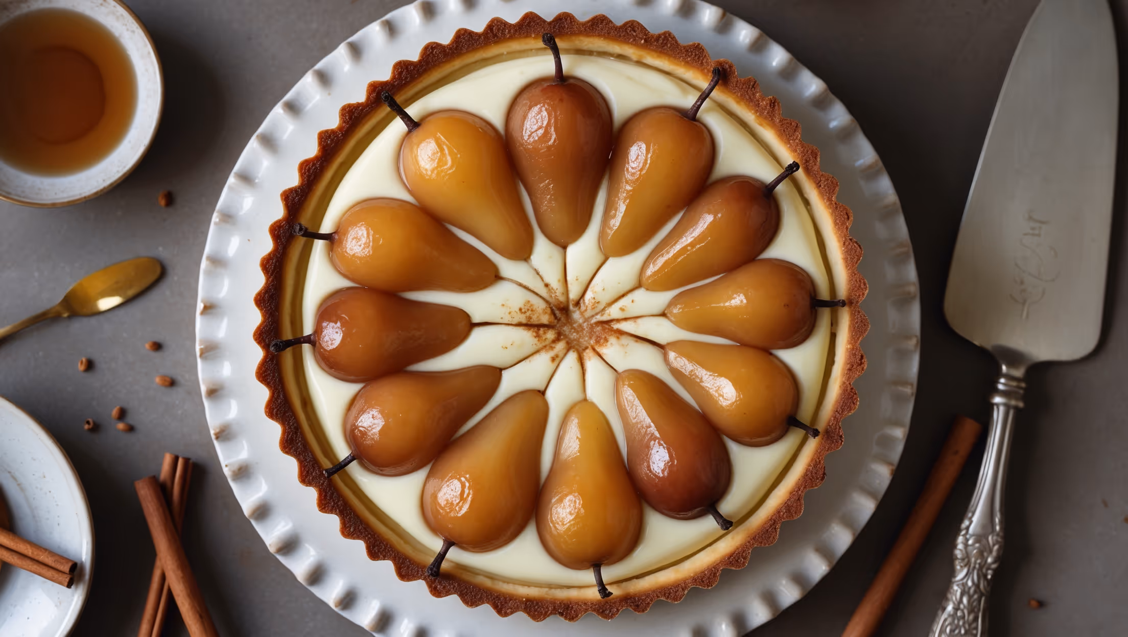 An overhead shot of a golden-brown tart with glossy poached pears arranged in a circular pattern atop creamy vanilla-flecked custard. The cross-section reveals distinct layers: crisp shortcrust pastry, velvety custard, and tender wine-poached pears. Soft natural light highlights the caramelized edges of the pastry and the translucent amber hue of the pears. The tart is presented on a white ceramic cake stand with a vintage silver serving knife alongside, with a small bowl of reserved poaching syrup and scattered cinnamon sticks artfully arranged to hint at the warming spices used in the recipe.