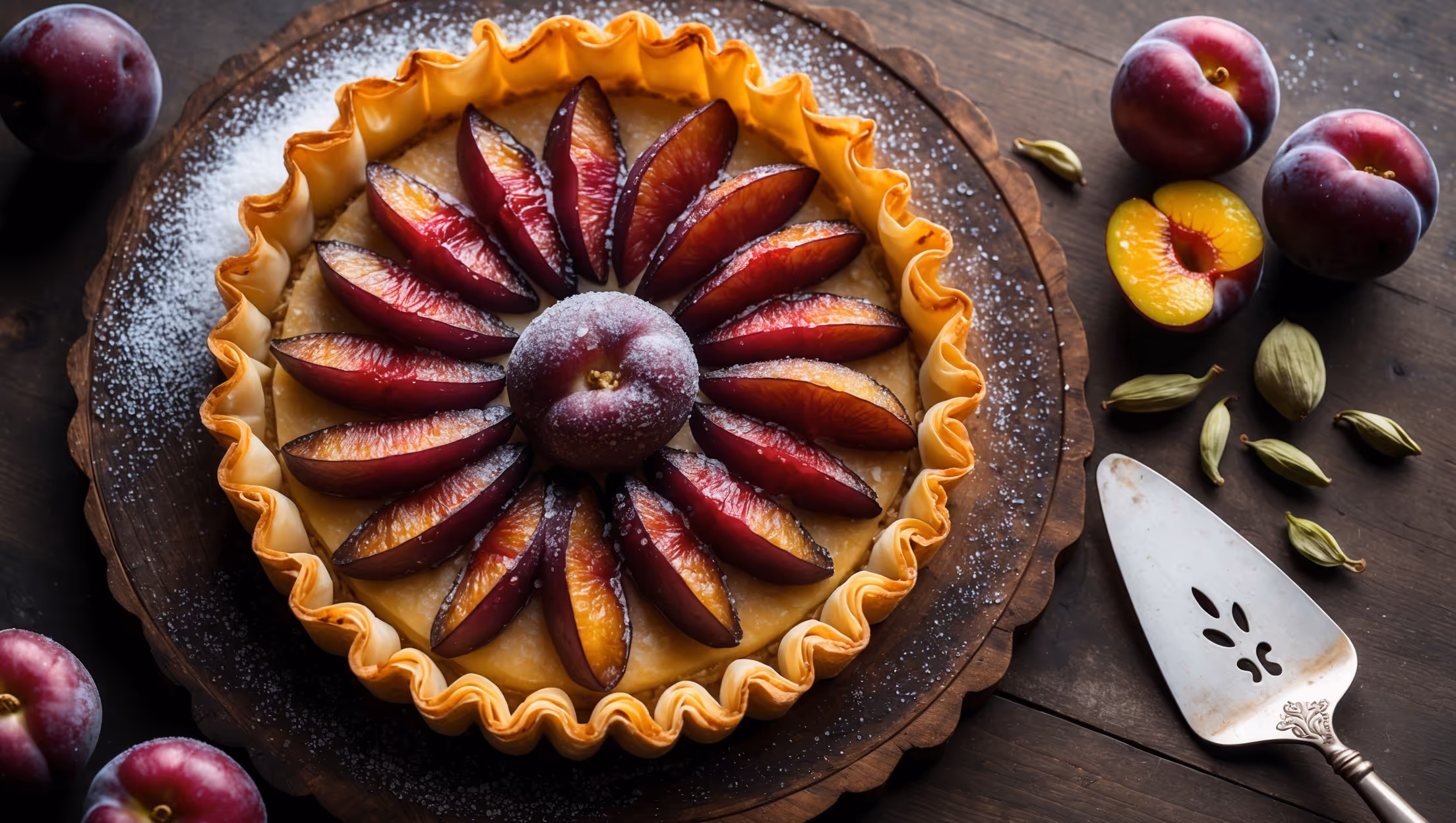 An overhead shot of the golden-brown phyllo tart on a rustic wooden serving board, with the ruby-red plum slices arranged in a beautiful pattern atop the filling. Soft natural light catches the crystallized sugar sprinkled on the edges of the crisp, flaky layers. A cross-section view reveals the delicate phyllo base supporting the cardamom-infused filling and plums. Several whole plums and cardamom pods are artfully scattered alongside the tart, while a dusting of icing sugar provides gentle contrast against the caramelized fruit. A vintage cake server rests nearby, ready to portion the delicate dessert.