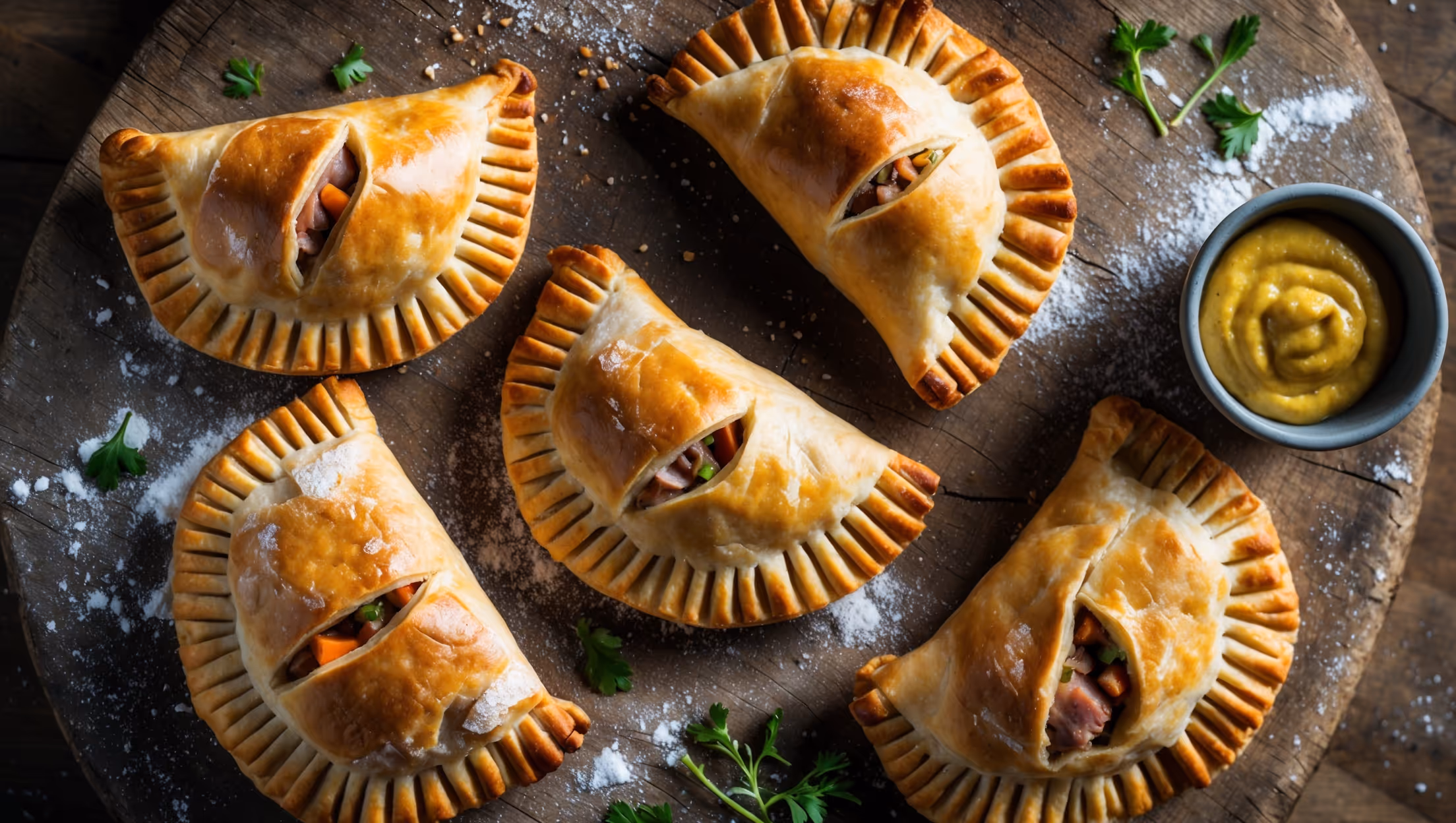 An overhead shot of rustic pork hand pies arranged on a weathered wooden board with a few scattered fresh herbs and cracked black pepper. The cross-section view reveals golden-brown flaky pastry edges with visible butter layers and a juicy pork filling studded with colorful vegetables. Soft natural light casts gentle shadows emphasizing the crimped pastry edges and the textural contrast between the crisp exterior and moist interior filling. A light dusting of flour and a small ramekin of grainy mustard complete the composition, capturing the homemade charm of these savory treats.