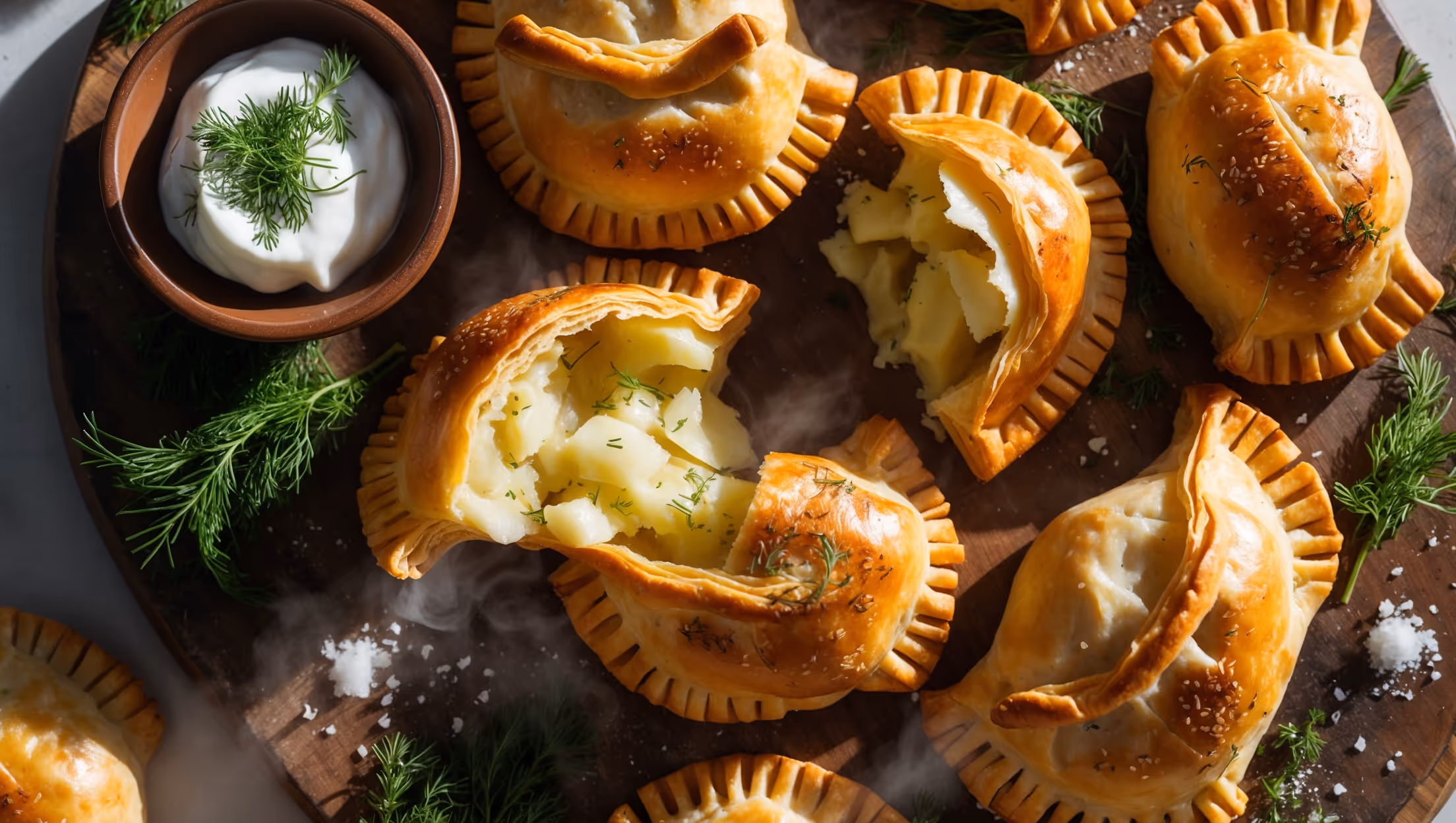 An overhead shot of golden-brown potato hand pies arranged on a rustic wooden board, with one broken open to reveal the creamy potato filling flecked with herbs and spices. Soft natural light streams in from the side, highlighting the flaky layers of the pastry that create beautiful shadows and textures. In the corner, a small bowl of sour cream garnished with fresh dill sits alongside scattered fresh herbs and a light dusting of sea salt on the board. The steam rising gently from the freshly baked pies creates a warm, inviting atmosphere that emphasizes their straight-from-the-oven appeal.