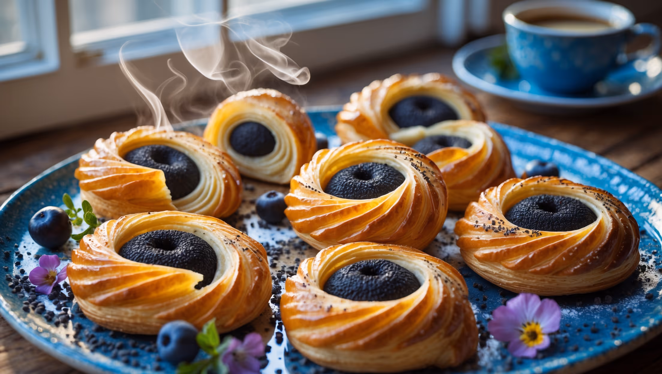 An overhead shot captures a platter of golden-brown Poppy Seed Danish pastries, their surfaces glistening with a thin glaze that catches the soft morning light streaming through a kitchen window. A cross-section reveals delicate, buttery layers spiraling around a rich black poppy seed filling with its distinctive speckled texture. The pastries rest on a vintage blue ceramic plate alongside scattered fresh berries and edible flowers, while a sprinkle of additional poppy seeds and powdered sugar adds visual contrast against the warm amber tones of the pastry. A steaming cup of coffee sits slightly blurred in the background, suggesting the perfect pairing for this classic European breakfast treat.