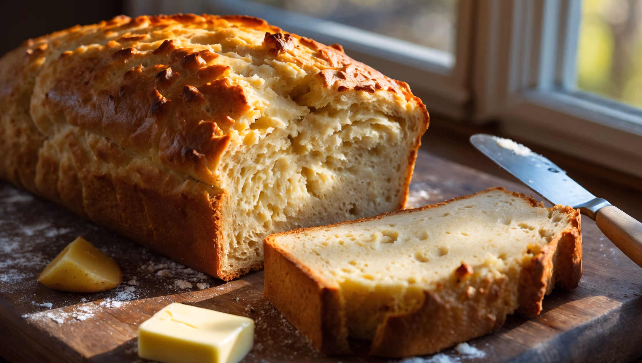 A freshly baked potato bread loaf displayed on a rustic wooden cutting board, with one thick slice cut to reveal its soft, tender crumb. The crust has a beautiful golden-brown sheen captured in warm natural light streaming through a kitchen window. Scattered around the base are a few specks of flour and small pieces of potato, hinting at the ingredients within. A butter knife rests beside a partially melted pat of butter on the cut slice, emphasizing the bread's warmth. The contrast between the crisp, textured exterior and the pillowy, slightly yellow-tinged interior showcases the perfect balance of structure and tenderness this potato bread achieves.