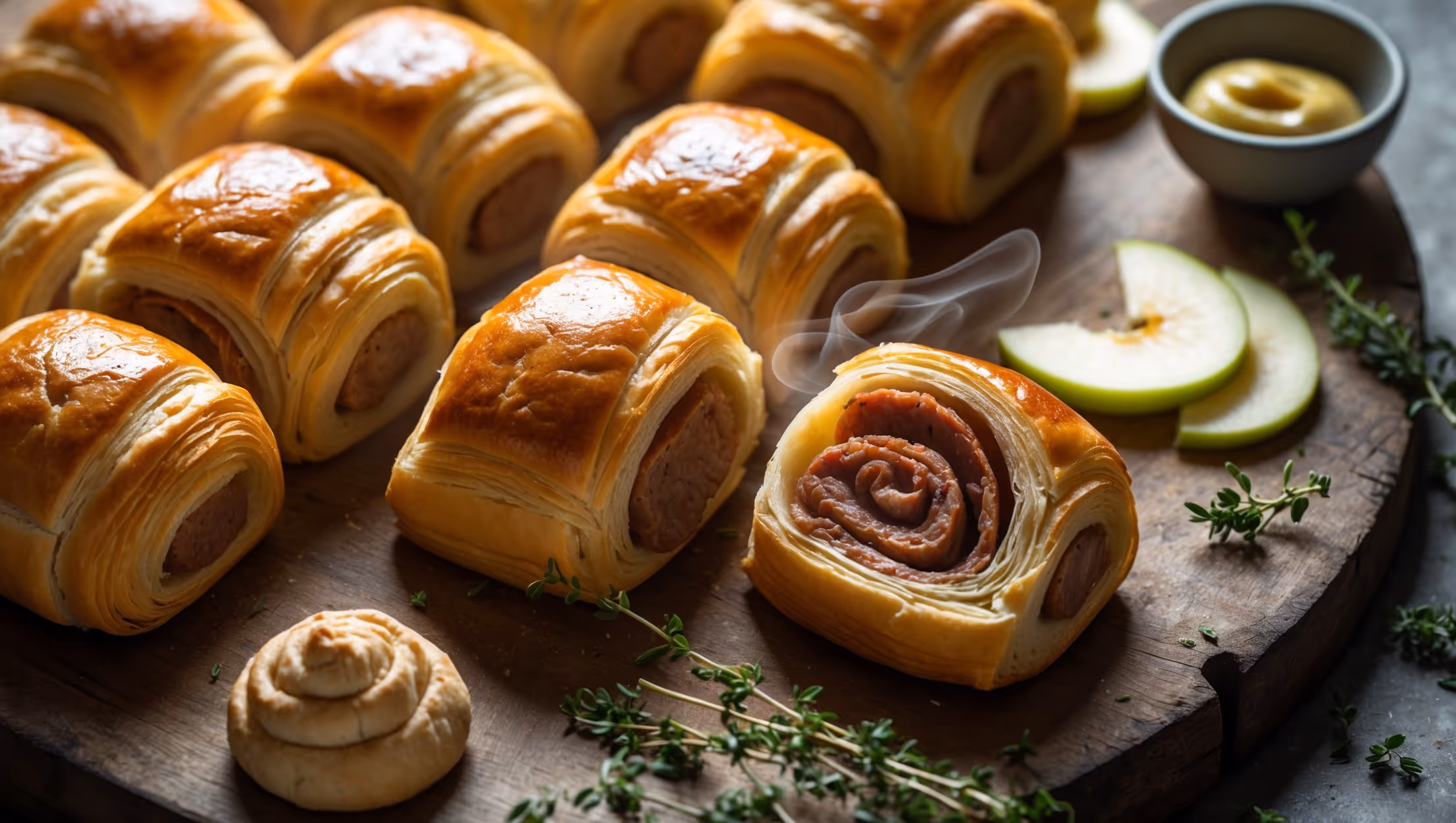 An overhead shot of golden-brown sausage rolls arranged on a rustic wooden board, with one roll cut in half to reveal the juicy pork and apple filling inside. Soft natural light highlights the flaky, buttery layers of puff pastry with its characteristic shine. A small bowl of grainy mustard sits nearby, alongside scattered fresh thyme springs and thinly sliced green apples. The pastry's edges show distinct layers and a beautiful caramelization, while steam gently rises from the freshly baked rolls, suggesting warmth and a tempting aroma.