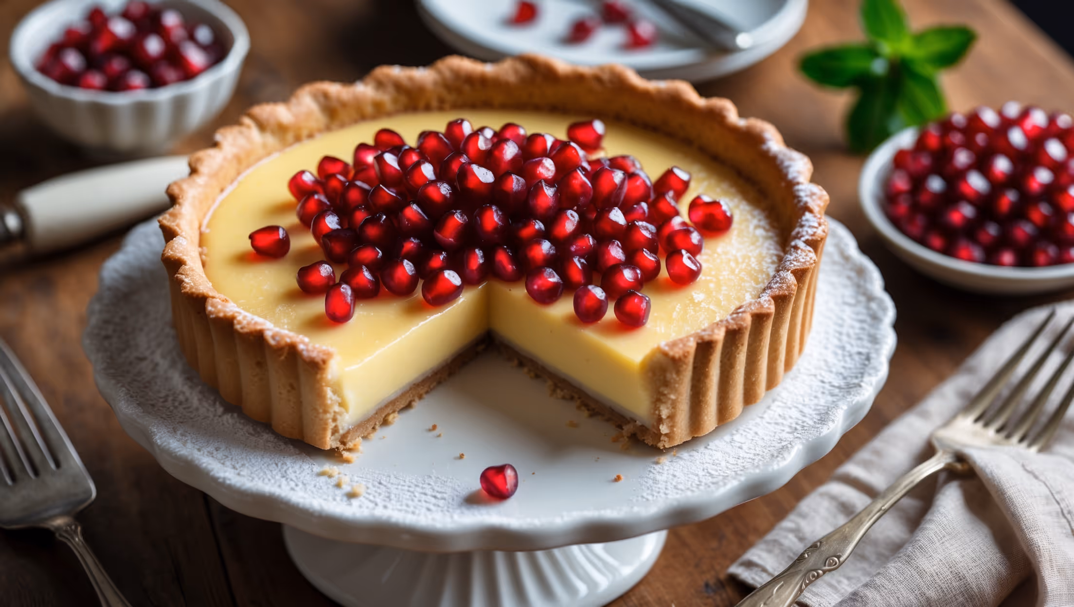 An overhead shot captures this stunning tart on a vintage white ceramic cake stand, with the ruby-red pomegranate arils glistening atop the golden custard surface. A cross-section view reveals the perfect layers: crisp, sandy shortcrust pastry, silky smooth vanilla custard filling, and the vibrant pomegranate topping. Soft natural light streams from the side, highlighting the contrast between the creamy filling and the jewel-toned fruit. In the background, a small bowl of additional pomegranate arils and a sprig of mint provide context, while a dusting of powdered sugar around the edges adds a delicate finishing touch. The wooden table surface adds warmth to the composition, with a folded linen napkin and vintage silver fork suggesting immediate enjoyment.