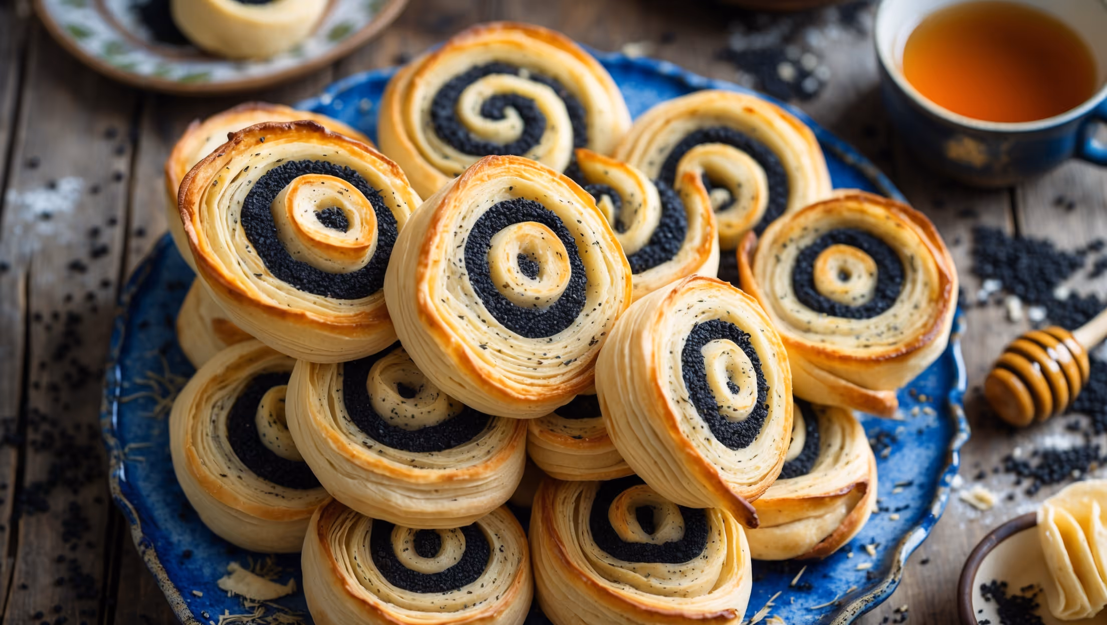 An overhead shot of freshly baked Poppy Seed Pinwheels arranged on a vintage blue ceramic platter, with golden-brown spirals revealing their hypnotic pattern of dark poppy seed filling against pale dough. Shot in bright natural daylight that highlights the crisp edges and glossy finish from the honey glaze. A close-up captures the delicate layers within each pinwheel, showing the flaky pastry texture and the rich black speckled filling. In the background, a steaming cup of tea, scattered poppy seeds, and a small pot of honey create a cozy morning scene on a rustic wooden table, with one pinwheel broken open to reveal its buttery layers and fragrant spiced interior.