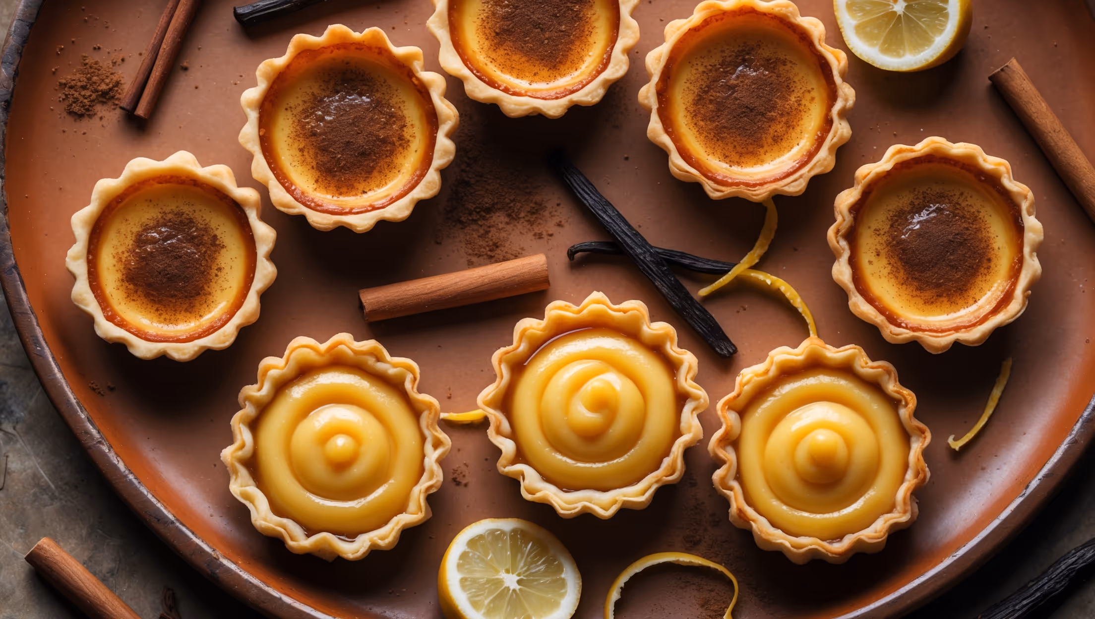 An overhead shot of golden-brown Portuguese custard tarts arranged on a weathered terracotta plate, where the characteristic blackened spots on their custard tops contrast beautifully with the visible 100+ flaky pastry layers. Captured in warm natural light that accentuates the glistening caramelized surfaces, the cross-section view reveals the architectural marvel of paper-thin laminated dough curling around the wobbling custard center. A light dusting of cinnamon creates subtle texture across some tarts, while others remain classically unadorned. Scattered around the composition are cinnamon sticks, vanilla pods, and lemon zest, hinting at the aromatic flavor profile. The rich amber custard catches the light, showing its perfect consistency – firm enough to hold shape but yielding with the slightest pressure.