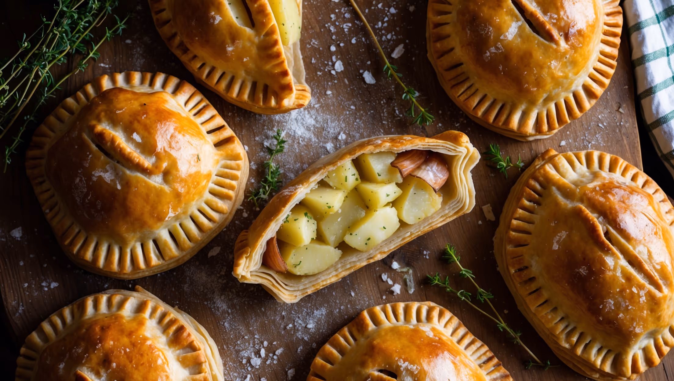 An overhead shot captures golden-brown pasties arranged on a rustic wooden board, one cut in half to reveal the steaming yellow-flecked potato filling studded with melted cheese and translucent onions. Soft natural light highlights the flaky pastry layers and crimped edges, while a scatter of fresh thyme sprigs, sea salt flakes, and a gingham cloth add country kitchen charm. A light dusting of flour on the wooden surface suggests homemade craftsmanship, as wisps of steam rise from the freshly baked pasties, emphasizing their piping-hot comfort food appeal.