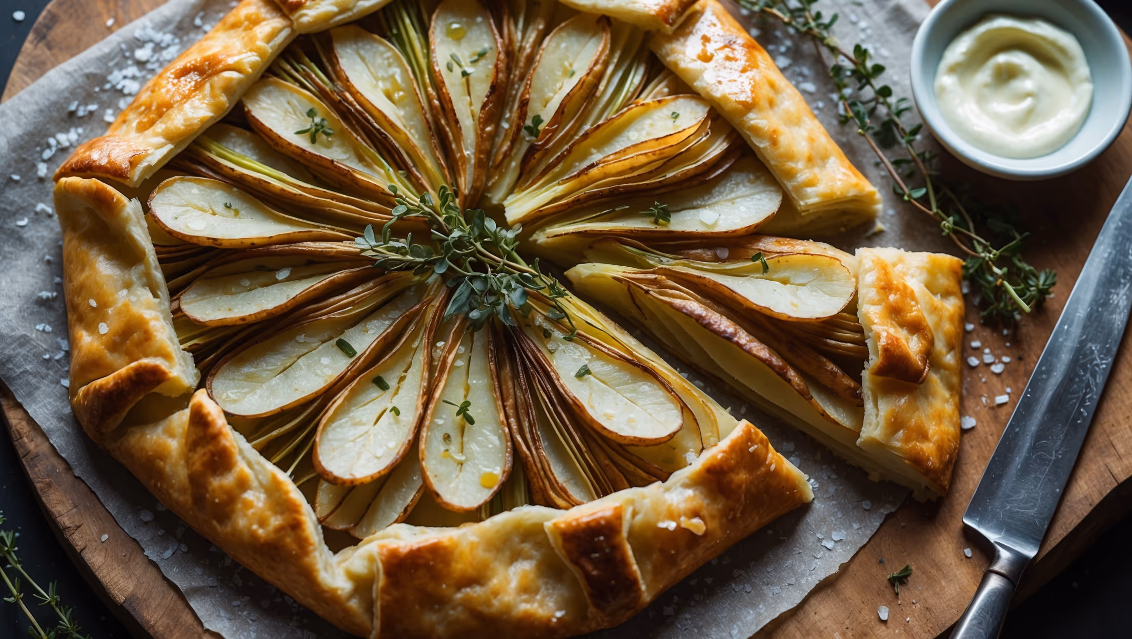 An overhead shot of a golden-brown galette resting on a rustic wooden board, with visible flaky pastry edges folded over thinly sliced, concentric circles of potato arranged like flower petals. The surface glistens with olive oil and flaky sea salt crystals catch the soft natural light streaming through a kitchen window. Scattered fresh thyme sprigs and small pieces of caramelized leeks add contrasting color against the potato's creamy surface. A slice has been removed, revealing the layers of tender potato and sweet leeks nestled within the buttery crust, while a small bowl of crème fraîche sits nearby alongside a vintage chef's knife.