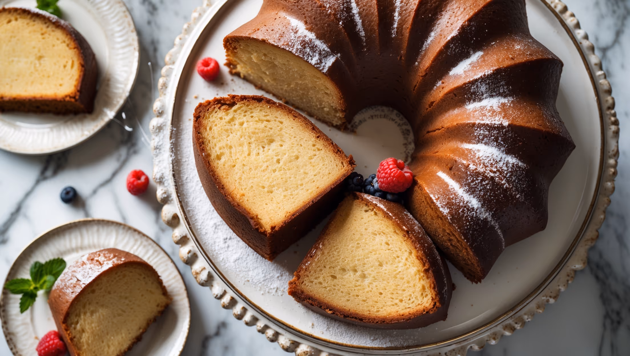An overhead shot of a golden-brown pound cake bundt with distinctive ridges from the ornate pan, sliced to reveal its perfect velvety crumb. The cake sits on a vintage white ceramic cake stand against a marble countertop, with soft natural light highlighting the cake's glistening sugar-dusted top. A few slices have been removed and plated nearby, showing the moist, dense texture. Fresh seasonal berries and a sprig of mint are scattered artfully around the base of the stand, while a delicate stream of powdered sugar is caught mid-sprinkle in the composition.