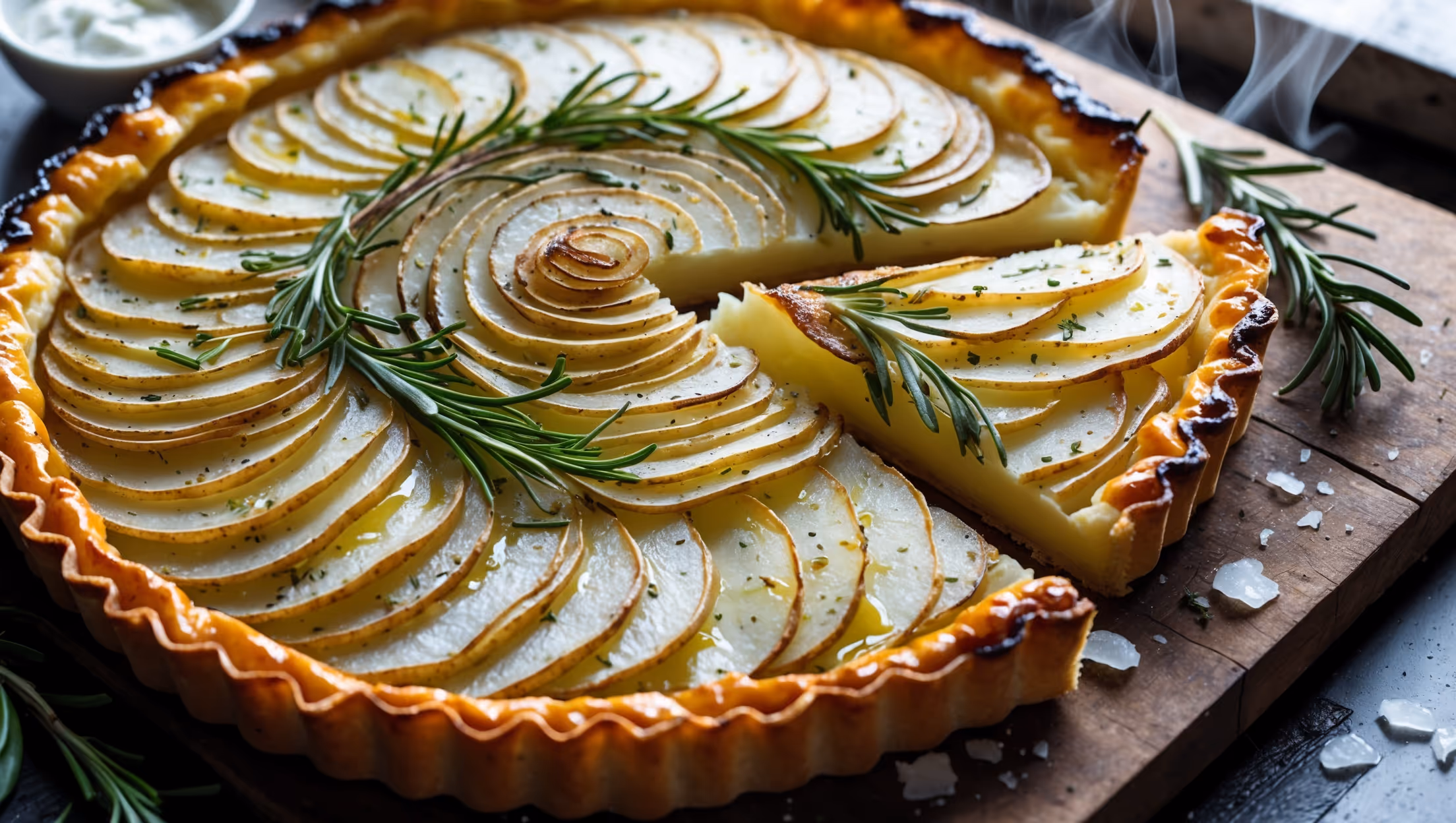 An overhead shot of the Potato and Rosemary Tart showcases concentric rings of paper-thin potato slices glistening with olive oil and flecks of fresh rosemary. The golden-brown pastry edge frames the potatoes beautifully, with charred edges adding rich color contrast. Soft natural window light highlights the texture of the crisp base and the delicate potato layers. The tart rests on a rustic wooden board with scattered fresh rosemary sprigs, sea salt flakes, and a small bowl of crème fraîche nearby. Steam gently rises from the just-cut wedge, revealing the perfectly cooked potato interior and flaky pastry layers beneath.