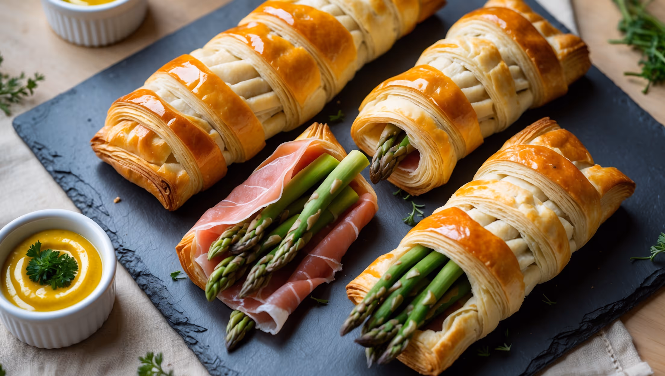 An overhead shot captures golden-brown puff pastry bundles arranged on a rustic slate serving board, where the vibrant green asparagus tips peek out from their prosciutto wrappings. Shot in soft natural light, the pastries display perfectly flaky layers with a glistening egg-wash finish. A cross-section view reveals the contrast between the crisp exterior, the pink prosciutto layer, and the bright green asparagus inside. Small ramekins of Dijon mustard and honey dipping sauce sit alongside, with fresh herbs scattered around the composition, creating an inviting appetizer presentation perfect for entertaining.