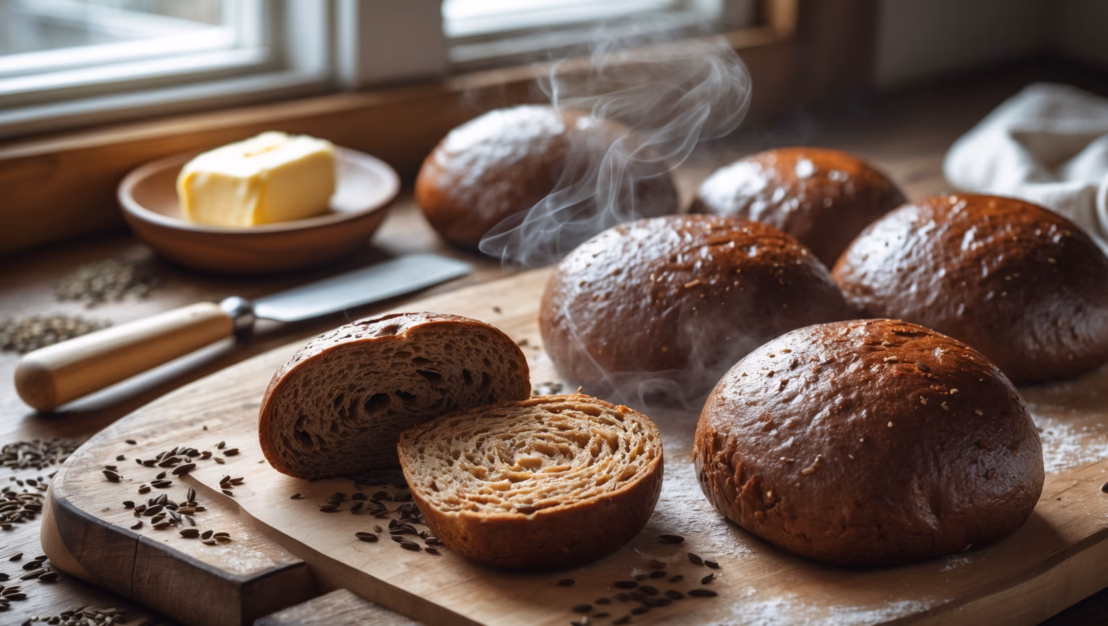 A rustic wooden board displays freshly baked pumpernickel rolls arranged in a scattered pattern, their deep chocolate-brown exteriors catching the soft natural light streaming through a kitchen window. A cross-section of one roll reveals the dense, moist interior with tiny air pockets characteristic of proper fermentation. Steam rises subtly from a roll broken in half, highlighting its warmth and freshness. In the background, a butter dish with a wooden knife, scattered caraway seeds, and a linen napkin create a homey German bakery aesthetic. The rich, dark color of the rolls contrasts beautifully with the light wood surface, emphasizing their earthy, robust character and hearty appeal.