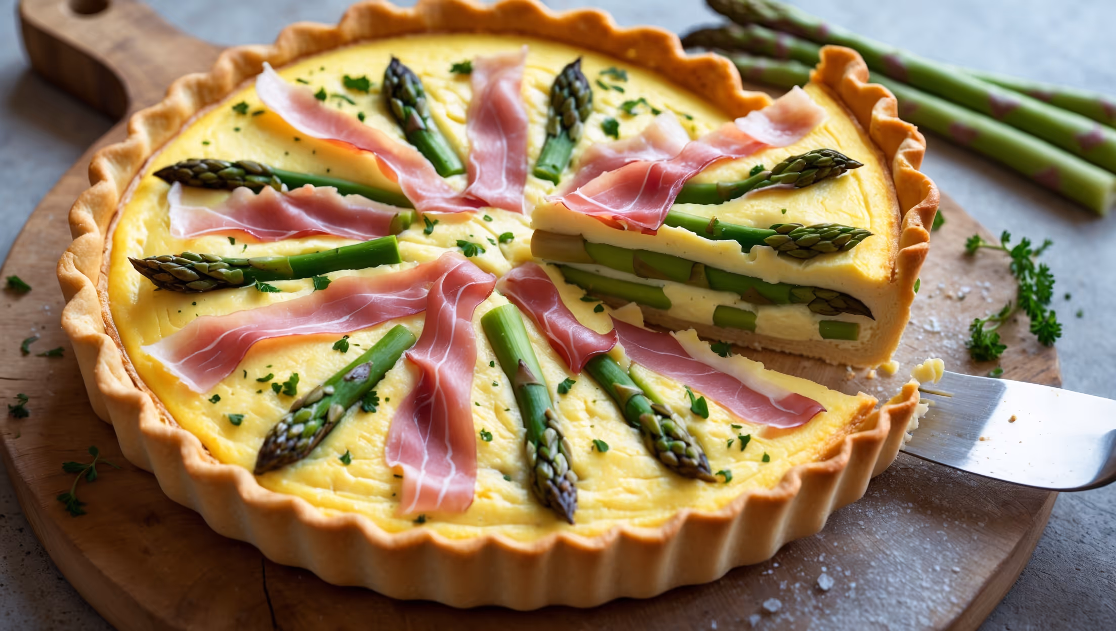 An overhead shot of the golden-brown quiche, showcasing its perfectly crisp pastry edge and the colorful filling where vibrant green asparagus tips emerge from the creamy custard surface, with thin slices of pink prosciutto creating elegant ribbons throughout. Captured in soft natural morning light on a rustic wooden board, with a sprinkle of fresh herbs and a few asparagus spears artfully arranged alongside. A slice being lifted reveals the quiche's perfect texture – a wobbly, tender custard that holds its shape, with steam gently rising, highlighting its fresh-from-the-oven appeal.