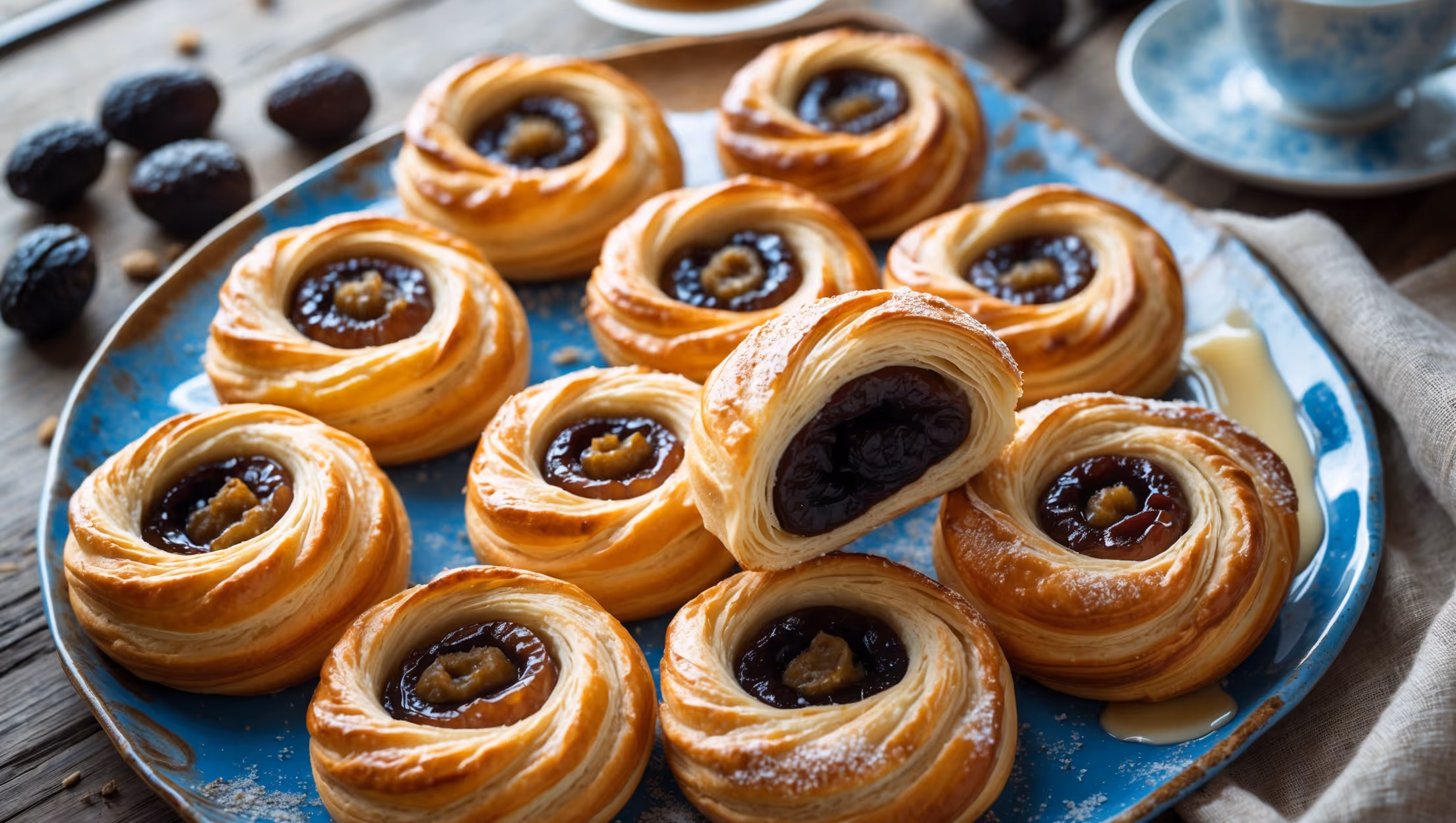 An overhead shot of golden-brown Prune Danish pastries arranged on a vintage blue ceramic platter, their spiral shape revealing layers of flaky, butter-rich dough. A cross-section view shows the caramelized prune filling nestled within the delicate pastry layers. Soft natural light streams in from a side window, highlighting the glossy egg-wash finish and the slight dusting of icing sugar. Several pastries display a decorative drizzle of vanilla glaze that catches the light. In the background, a steaming cup of coffee and scattered prunes hint at the perfect pairing and main ingredient, while a rustic linen napkin adds textural contrast to the scene.