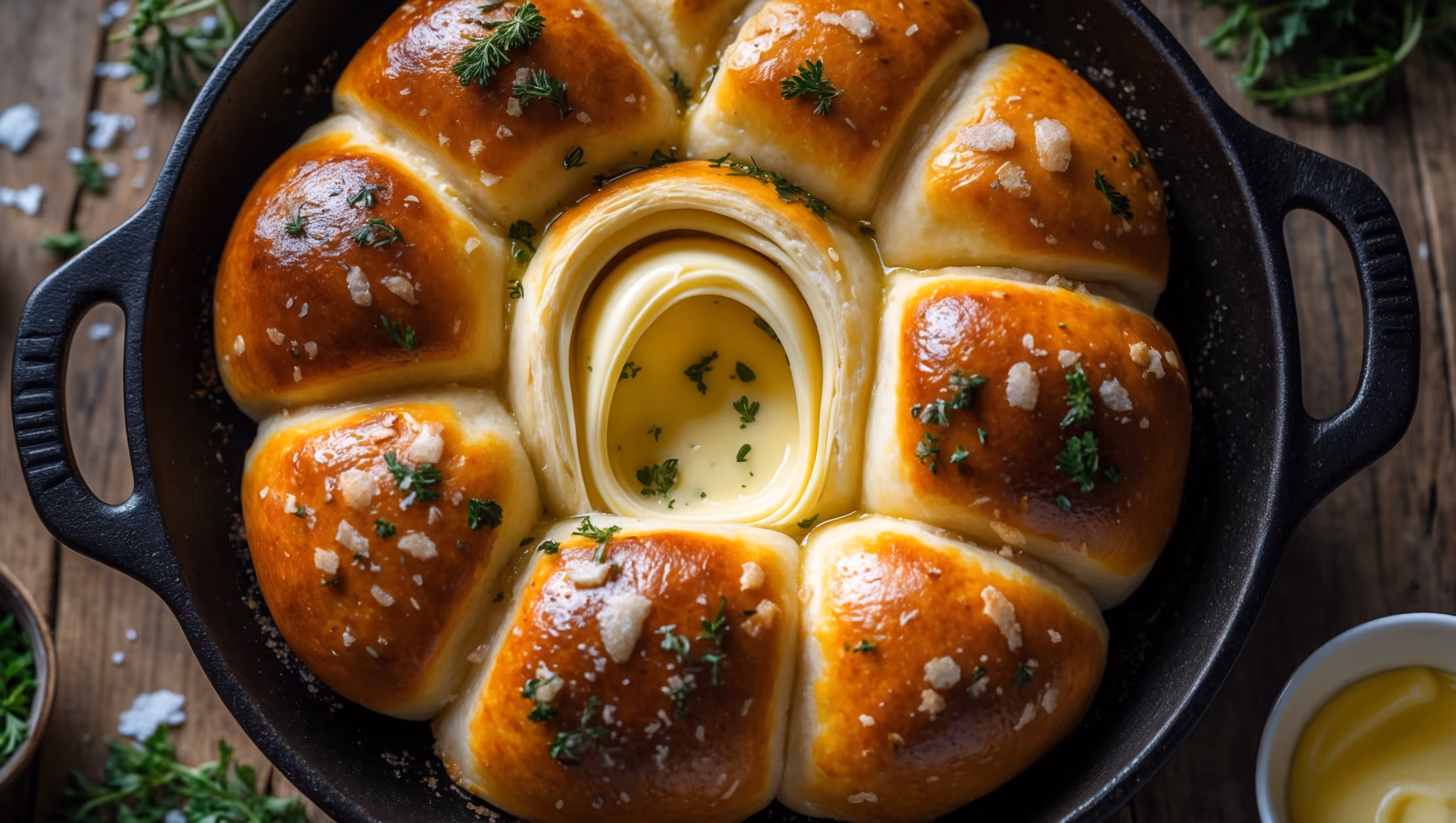 An overhead shot of a cast iron skillet filled with golden-brown pull-apart cheese rolls, their tops glistening with melted butter and flecks of fresh herbs. A close-up reveals the stretchy cheese pulling between two separated rolls, showcasing the soft, pillowy texture inside contrasted with the crisp exterior. Soft natural light streams across the scene, highlighting the airy layers within each roll. The skillet sits on a rustic wooden table with scattered herbs, sea salt flakes, and a small bowl of extra melted butter nearby, creating an inviting family-style presentation that emphasizes their shareable nature.