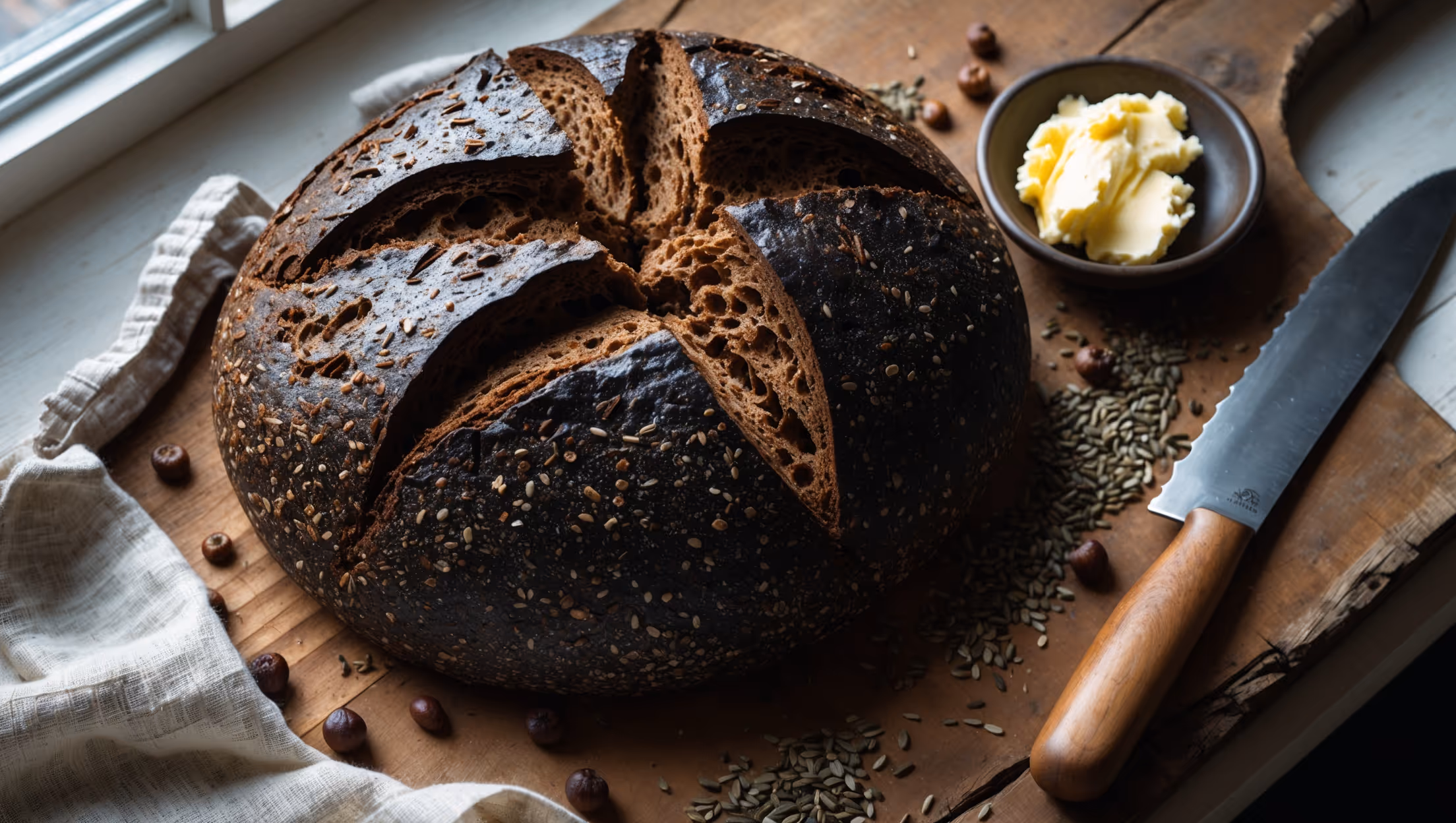 An overhead shot of a round loaf of dark pumpernickel rye bread on a rustic wooden board, with one thick slice cut revealing its dense, moist interior structure. The bread's deeply burnished crust catches the soft natural light streaming through a kitchen window, highlighting its crackling texture and almost black-brown color. Scattered rye berries and caraway seeds surround the base, while a linen cloth peeking from beneath adds texture. A knife with wooden handle rests alongside, and a small dish of cultured butter sits nearby, emphasizing the bread's artisanal quality and traditional German baking technique.