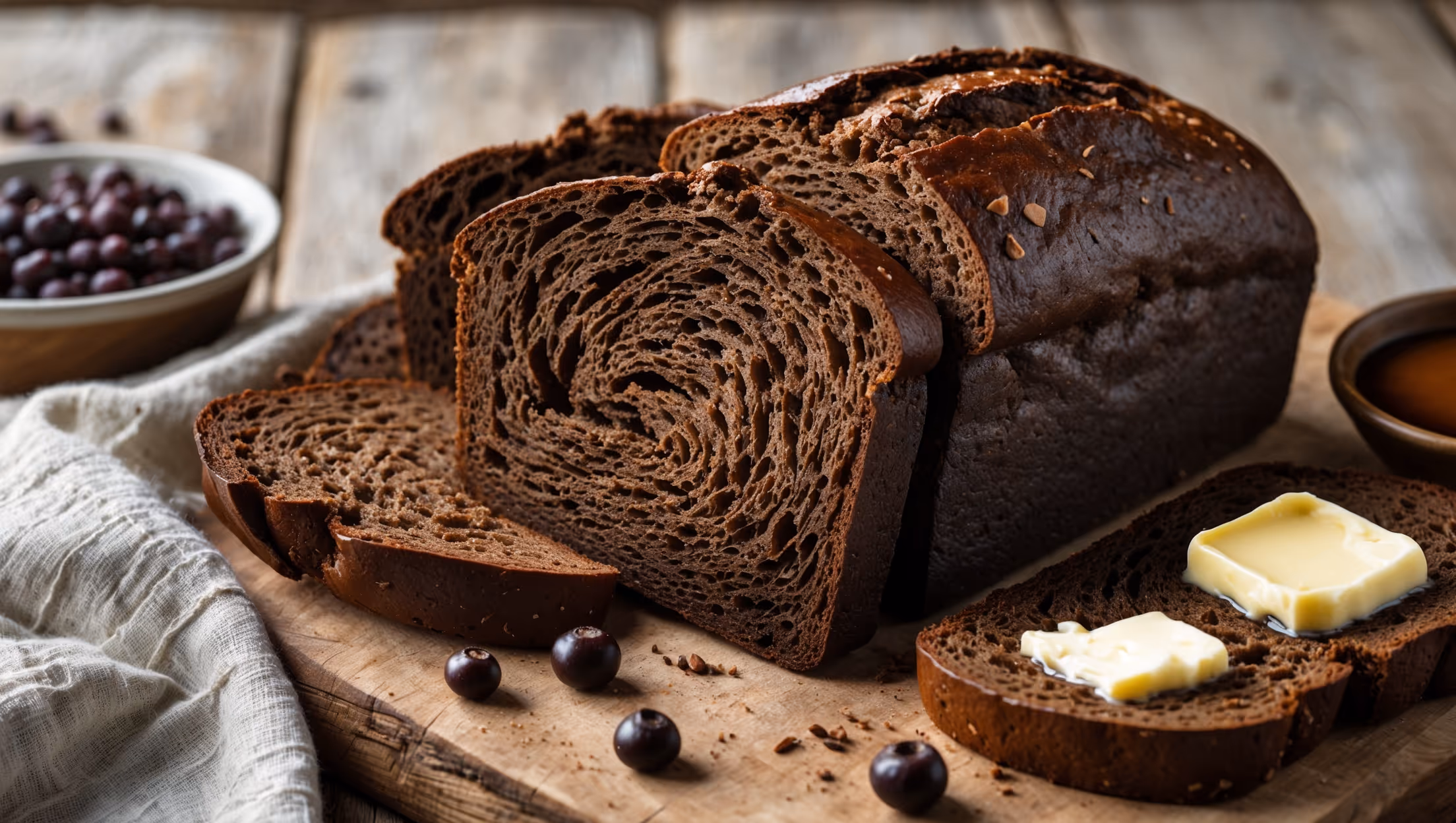 A cross-section shot of the dark chocolate-brown pumpernickel loaf showcasing its dense, moist interior against a rustic wooden cutting board. Soft natural light highlights the bread's even crumb structure and slightly glossy crust. A few slices are artfully arranged nearby, one topped with a pat of melting cultured butter. Scattered rye berries and a small bowl of molasses sit alongside the bread, while a linen tea towel adds texture to the scene. The deep cocoa color of the loaf creates a striking contrast against the light wood backdrop, emphasizing the bread's earthy, robust character.
