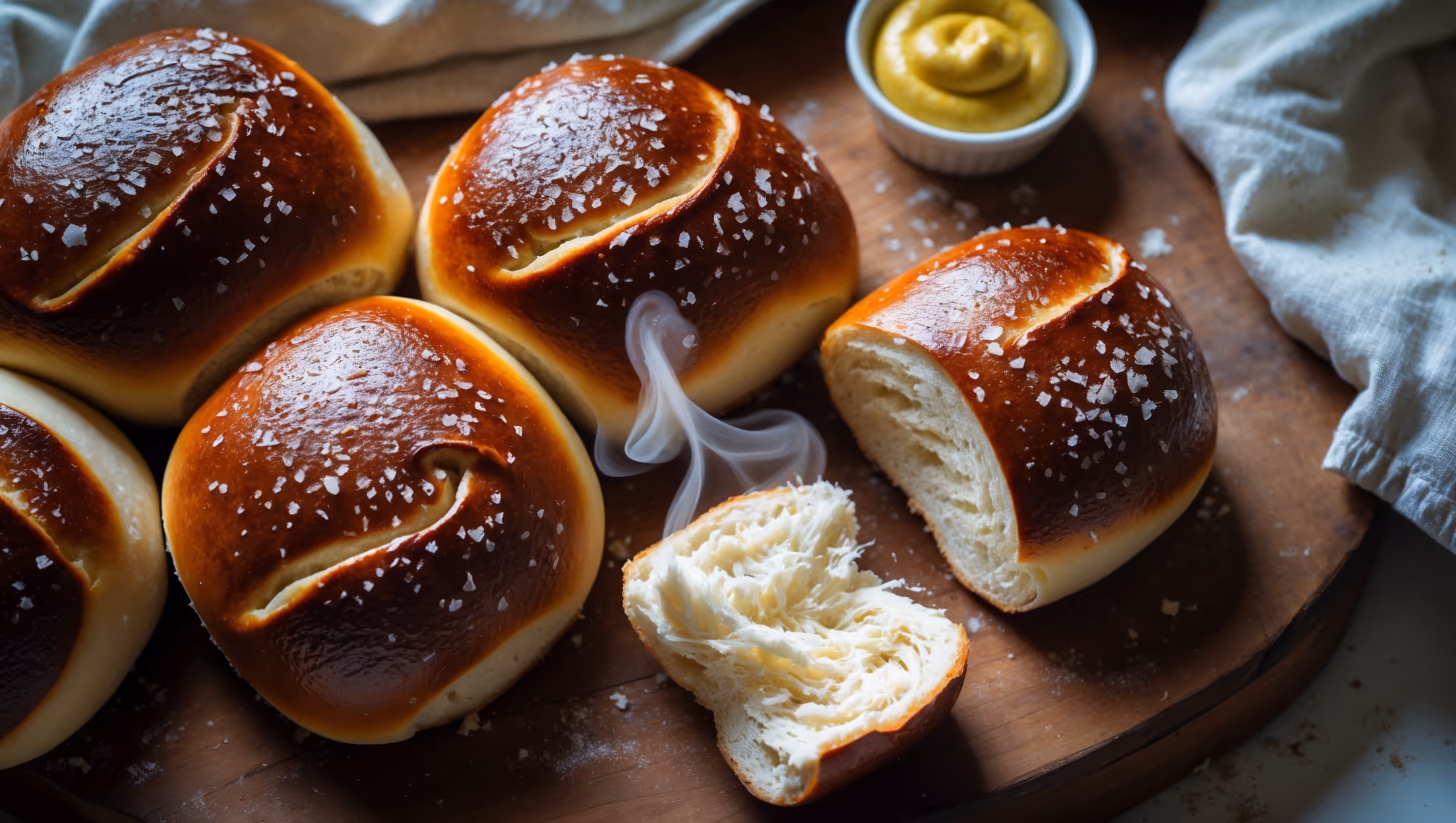 Overhead shot of freshly baked pretzel rolls arranged on a rustic wooden board, their deep mahogany crusts glistening with salt crystals that catch the soft natural light streaming through a kitchen window. A cross-section view reveals the contrast between the chewy exterior and soft, pillowy white crumb inside. One roll is torn open, releasing a wisp of steam, while another is positioned beside a small ramekin of whole grain mustard. In the background, slightly blurred, a linen towel and scattered flour hint at the baking process, while the warm tones of the wooden surface enhance the golden-brown color of the perfectly baked pretzel rolls.