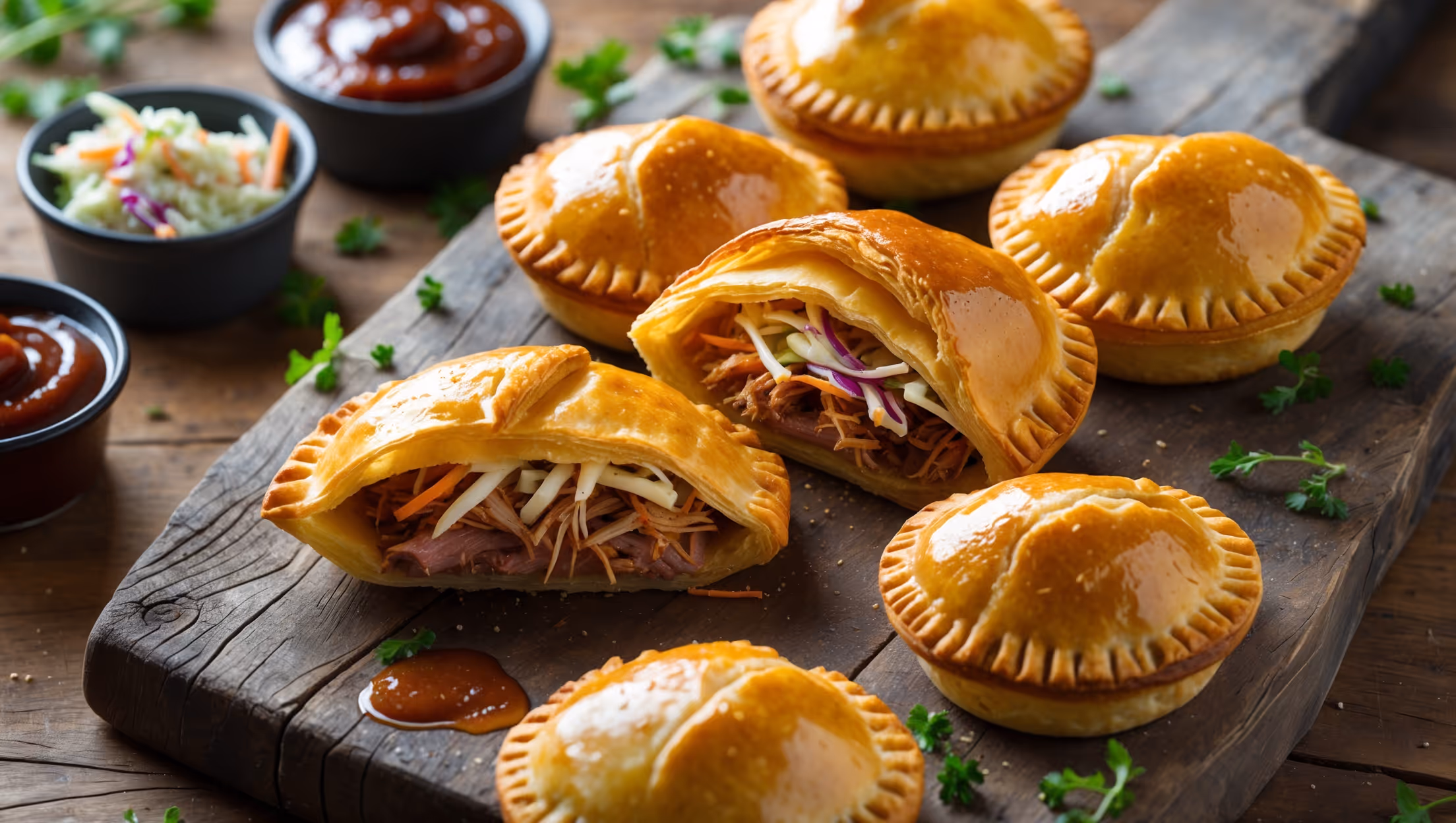 An overhead shot captures six golden-brown hand pies arranged on a rustic wooden serving board, with one cut open to reveal the succulent pulled pork filling and vibrant coleslaw inside. Soft natural light highlights the flaky, buttery pastry layers and the textural contrast between the tender meat and crisp vegetables. In the background, small ramekins of barbecue sauce and extra coleslaw add pops of color, while scattered fresh herbs provide a touch of green. The steam rising from the freshly baked pies suggests warmth, and the glistening egg-wash finish creates an appetizing gleam across their crimped edges.