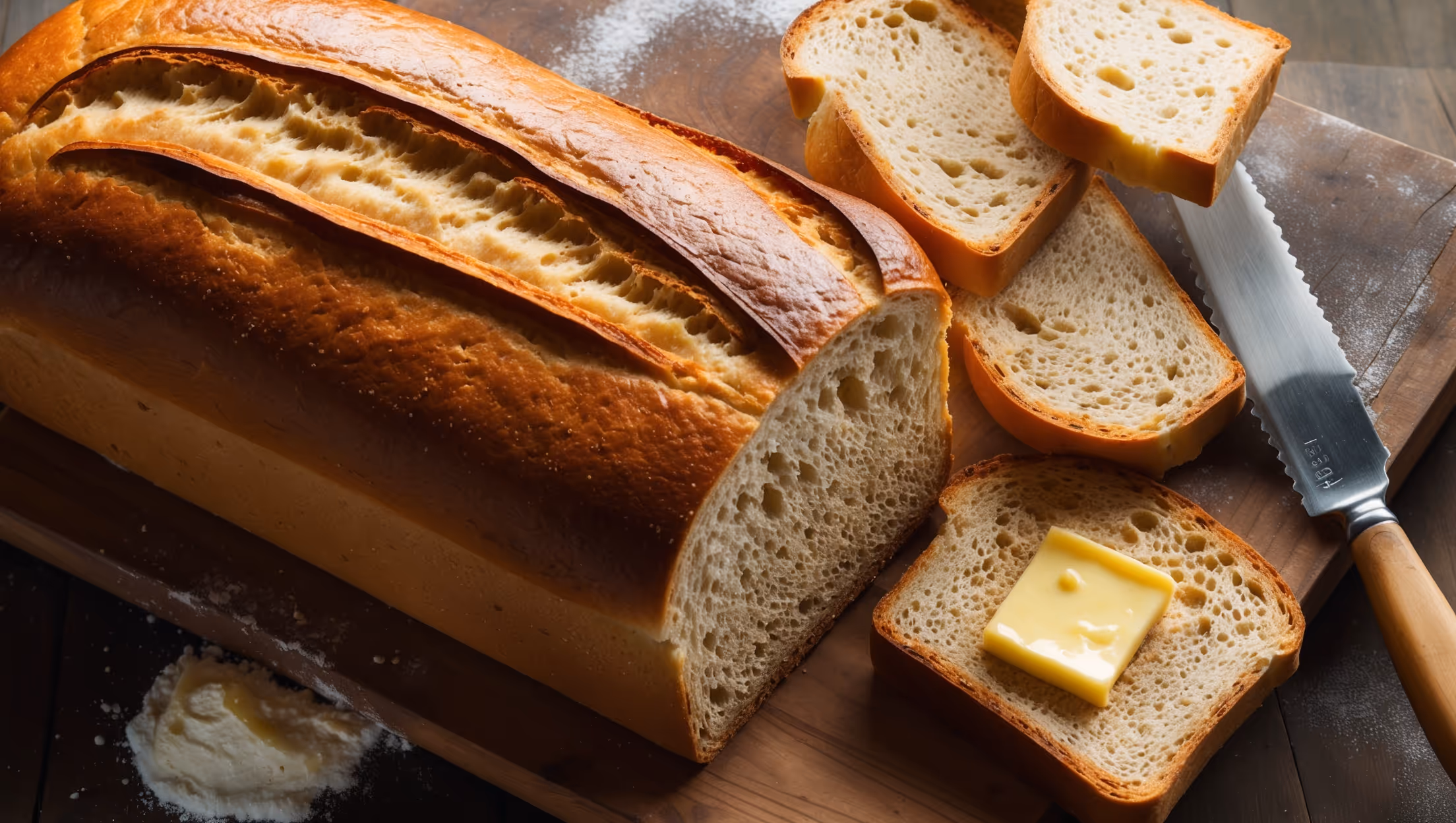 An overhead shot of a freshly baked Pullman loaf, its golden-brown top perfectly flat and rectangular, sitting on a wooden cutting board in soft morning light. A cross-section view reveals the bread's remarkably uniform, tight crumb structure with tiny air pockets throughout. Several perfectly even slices stand nearby, showcasing the bread's ideal square shape. A light dusting of flour and a vintage bread knife rest alongside, while a pat of melting butter glistens on one slice, highlighting the bread's warmth and tenderness.