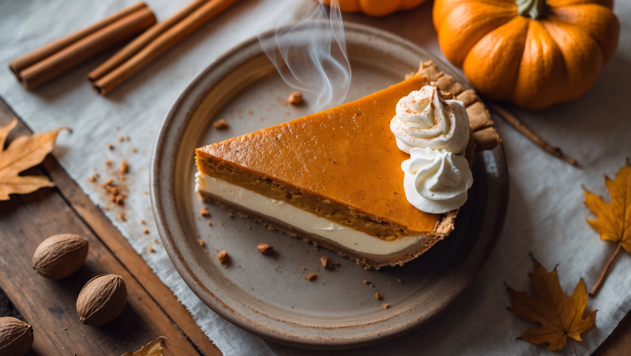Overhead shot of a perfectly sliced pumpkin cheesecake pie revealing distinct creamy layers - a golden graham cracker crust, ivory cheesecake center, and vibrant orange pumpkin top. The slice sits on a rustic ceramic plate against a backdrop of scattered cinnamon sticks, whole nutmegs, and dried autumn leaves. Soft natural light casts gentle shadows highlighting the pie's velvety texture and glossy surface decorated with dollops of whipped cream and a light dusting of cinnamon. Steam rises subtly from the freshly cut slice, emphasizing its warm, comforting appeal.