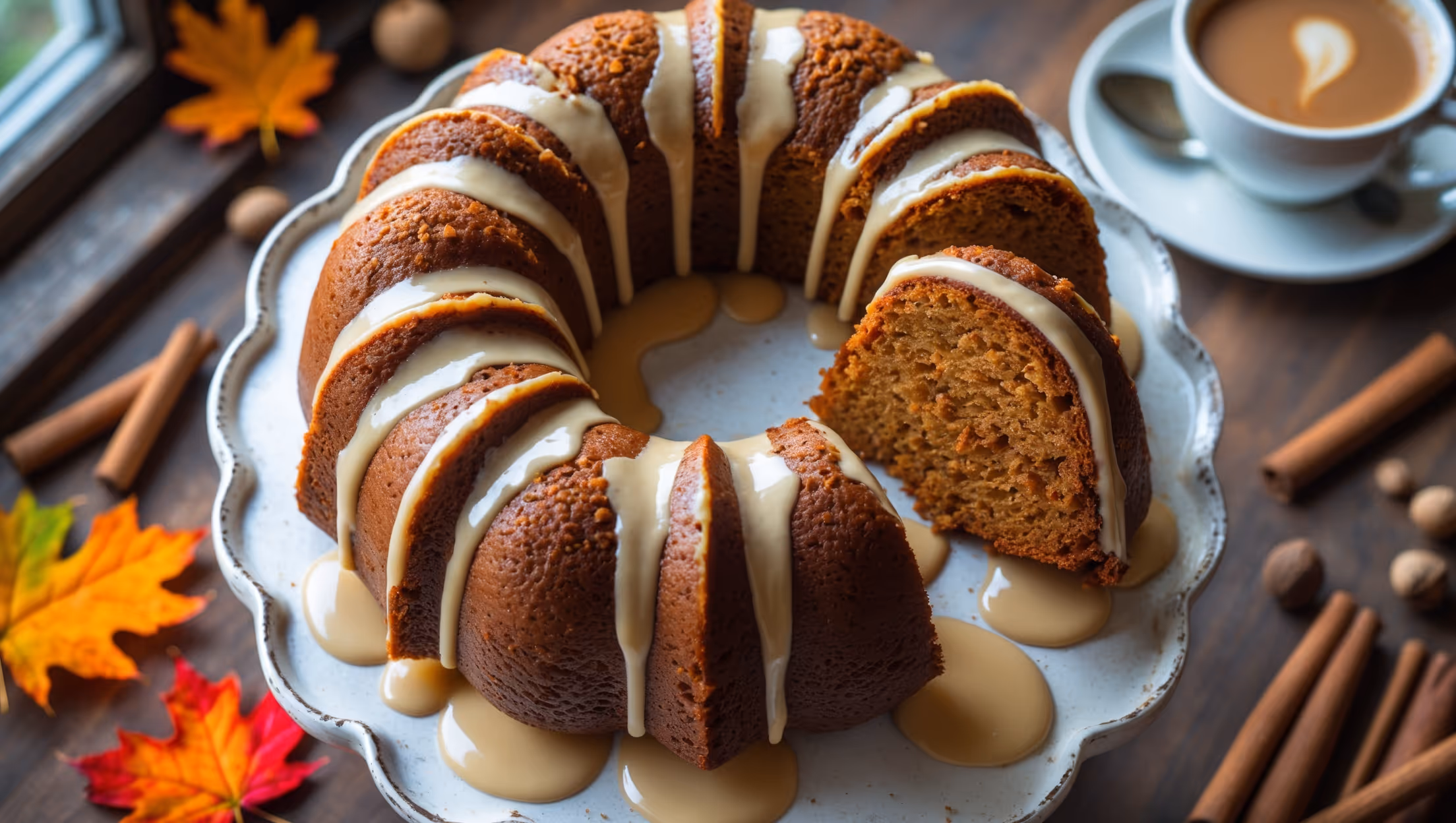 An overhead shot of a perfectly formed pumpkin bundt cake on a vintage white pedestal cake stand, its deep amber-colored surface glistening with drips of cream cheese glaze that cascade down the ridges and valleys of the cake. Soft natural light streams in from a nearby window, highlighting the cake's moist crumb visible in a slice that's been removed. The surrounding scene includes scattered cinnamon sticks, whole nutmegs, and vibrant maple leaves in autumn hues. A close-up reveals flecks of warm spices throughout the cake's interior, while the golden-brown exterior showcases the beautiful pattern of the bundt pan. Steam rises gently from a freshly poured cup of coffee positioned beside the cake, suggesting the perfect pairing for this seasonal treat.