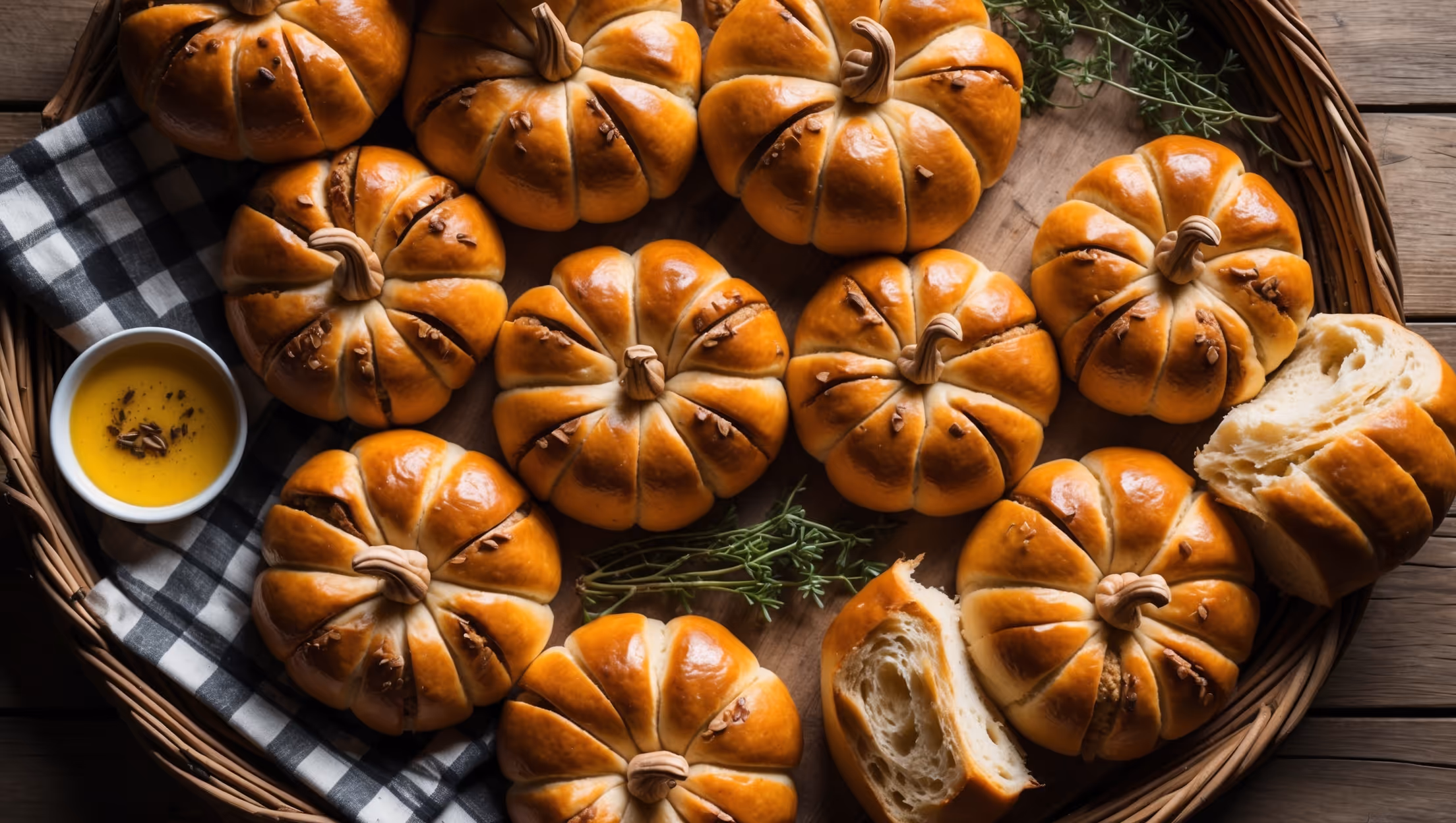 Overhead shot of a rustic wooden board displaying a batch of perfectly baked pumpkin-shaped dinner rolls with deep natural scoring creating realistic pumpkin segments. The rolls have a rich amber hue with a subtle sheen from an egg wash glaze and tiny pecan pieces serving as "stems." Several rolls are arranged in a willow basket lined with a checkered cloth, while a few are split open revealing their pillowy, orange-tinted interior. Soft natural light highlights the rolls' golden crust while creating gentle shadows that emphasize their rounded shape. A small dish of cinnamon-honey butter and sprigs of fresh thyme provide color contrast against the warm-toned bread.
