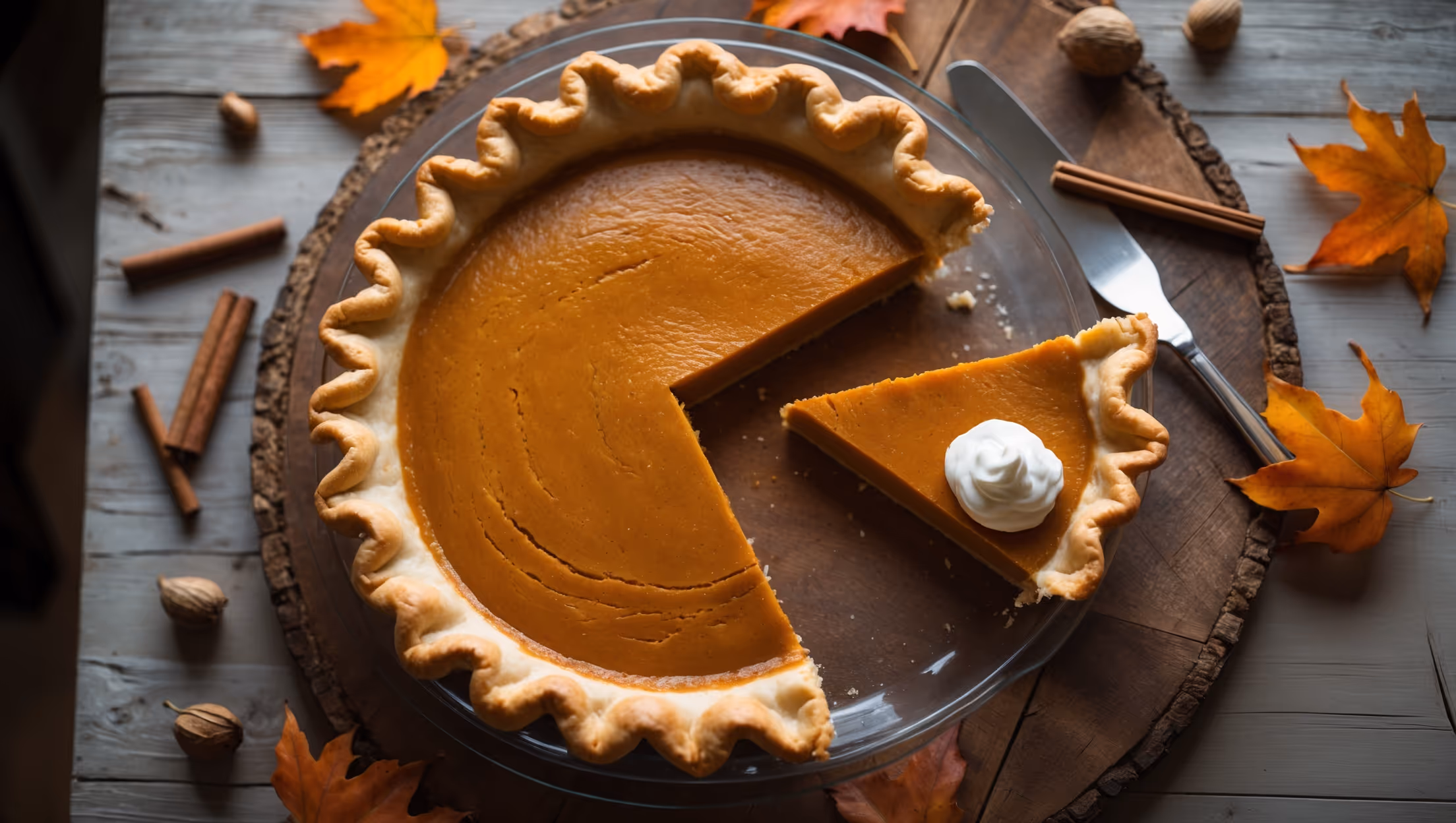 Overhead shot of a perfectly golden-brown pumpkin pie with a decorative crimped edge, the surface showing a slight glisten under soft window light. A cross-section reveals the smooth, vibrant orange filling against the crisp, light-colored crust. The pie sits on a rustic wooden serving board with scattered cinnamon sticks, whole nutmegs, and fallen autumn leaves creating a warm seasonal vignette. A single slice has been cut, showing the clean, firm texture that holds its shape while maintaining a creamy consistency. A dollop of freshly whipped cream is melting slightly on the exposed slice, highlighting the pie's warmth.