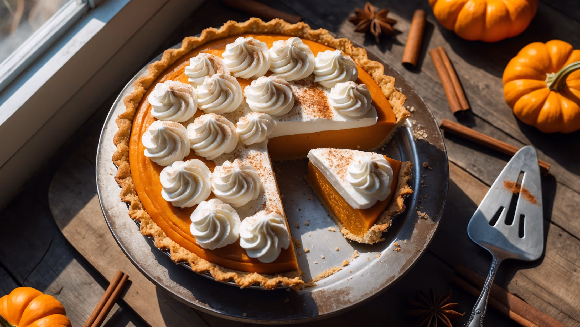 An overhead shot captures a perfectly sliced pumpkin cream pie on a weathered wooden cake stand, revealing its distinct layers - the golden-brown graham cracker crust, vibrant orange pumpkin filling, and pillowy whipped cream topping dusted with cinnamon. Natural window light casts gentle shadows that highlight the pie's silky texture, while scattered cinnamon sticks, star anise, and fresh pumpkin pieces create a rustic autumn tableau. A silver vintage pie server rests beside the cut slice, showing the clean, firm edges of the perfectly set filling contrasting with the soft peaks of hand-whipped cream.