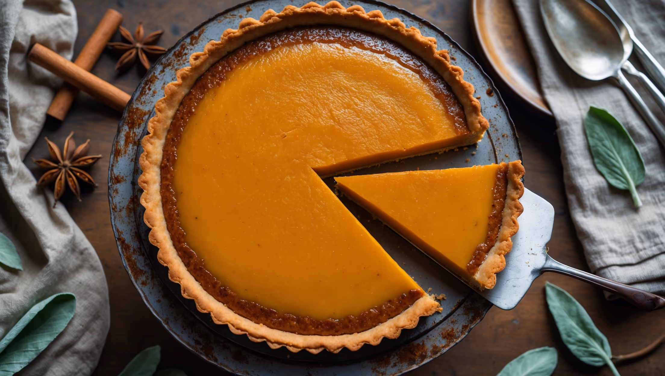 An overhead shot showcases the Pumpkin Custard Tart's glistening amber surface with delicate caramelization around the edges, presented on a weathered wooden cake stand. Soft natural light highlights the tart's smooth, velvety texture, while a cross-section view reveals the perfect boundary between the golden shortcrust pastry and the silky pumpkin custard. The styling includes scattered cinnamon sticks, star anise, and fresh sage leaves surrounding the tart, with a gentle dusting of nutmeg visible on the surface. A slice being lifted shows the custard's perfect wobble while maintaining its shape, with steam gently rising from its warm interior against a backdrop of rustic linen napkins and vintage serving utensils.