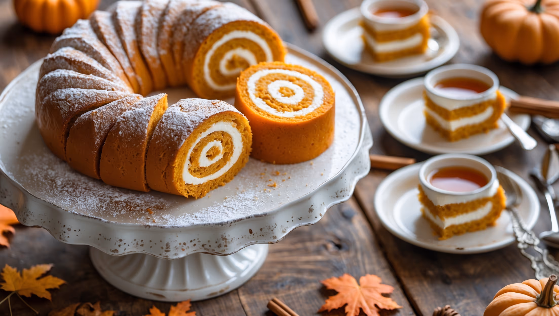 A spiral-sliced pumpkin roll presented on a vintage white cake stand, showcasing the perfect swirl of golden-orange cake embracing creamy white filling. Shot in soft natural light that highlights the delicate texture of the sponge and the contrasting colors. A cross-section view reveals the beautiful spiral pattern, with a subtle dusting of powdered sugar on top adding dimension. Several whole slices are arranged on small dessert plates nearby, accompanied by a steaming cup of cinnamon tea. Fall decorative elements like small maple leaves and cinnamon sticks frame the composition on a rustic wooden table, emphasizing the seasonal charm of this autumnal treat.