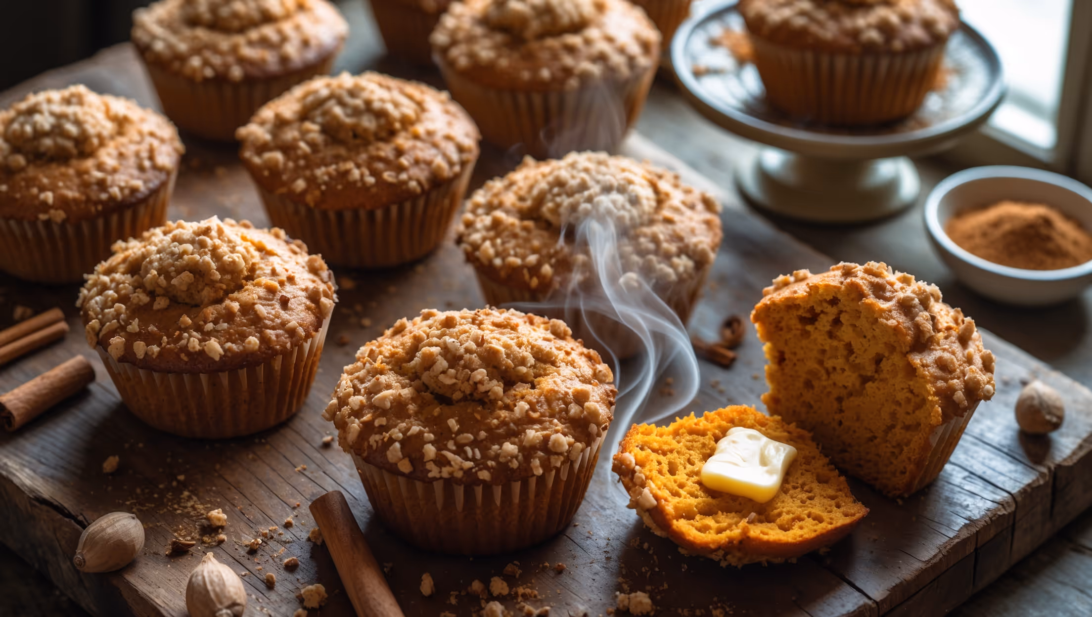 An overhead shot of rustic pumpkin muffins arranged on an aged wooden board, their golden-brown domed tops sprinkled with crunchy streusel catching the soft morning light streaming through a kitchen window. A cross-section view reveals the incredibly moist, orange-hued crumb texture studded with tiny spice flecks. Scattered cinnamon sticks, whole nutmegs, and a small bowl of ground spices frame the composition, while a vintage cake stand holds the remaining muffins in the background. Steam rises gently from a freshly broken muffin, highlighting its warmth and softness, with a pat of melting butter slowly sinking into its inviting surface.